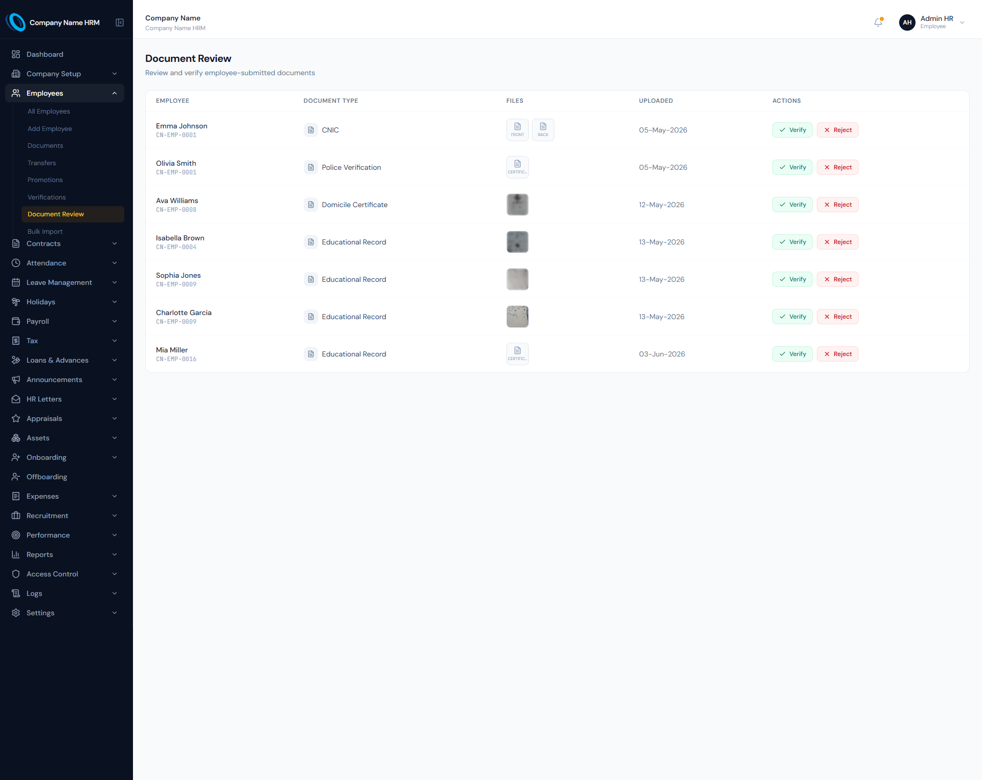 Document Verification page showing verification records, public token status and official document authenticity controls.