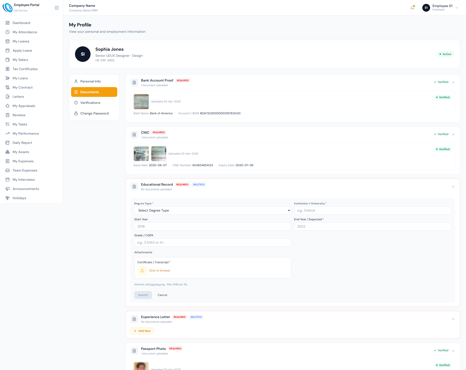 Employee Documents page showing uploaded files, document types, verification status and expiry tracking.