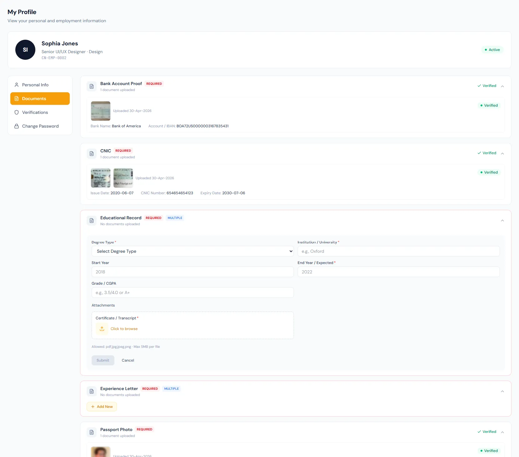 Employee Documents page showing uploaded files, document types, verification status and expiry tracking.