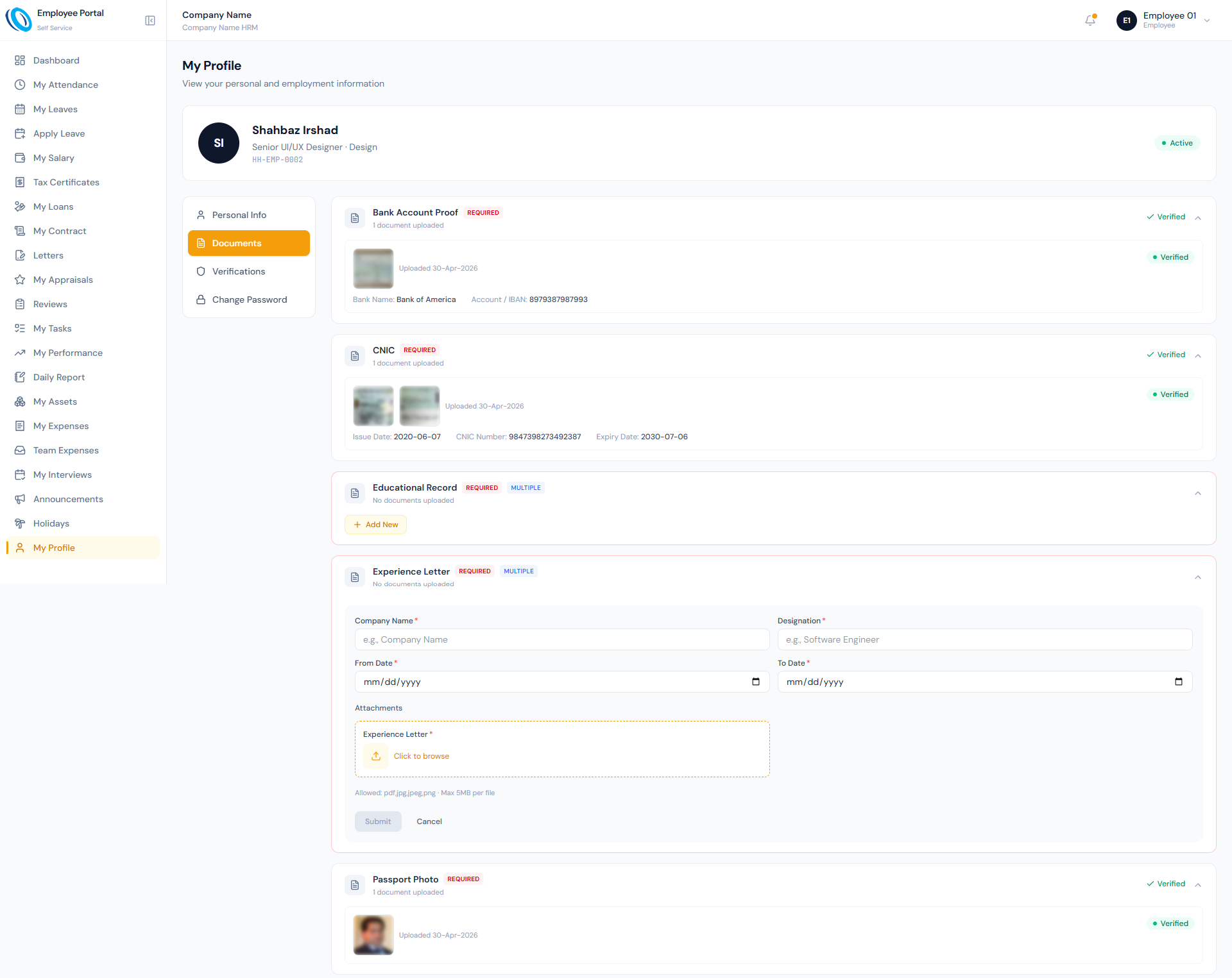 File Uploads page showing employee document upload fields, metadata and validation controls.