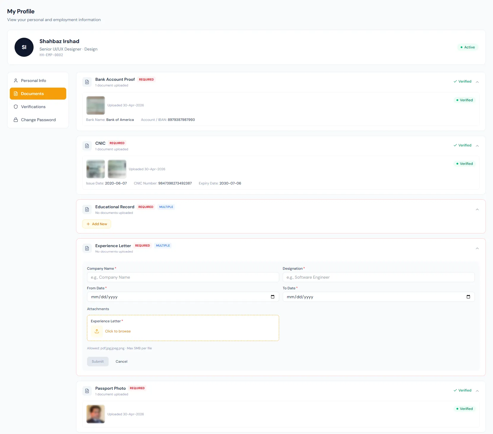 File Uploads page showing employee document upload fields, metadata and validation controls.