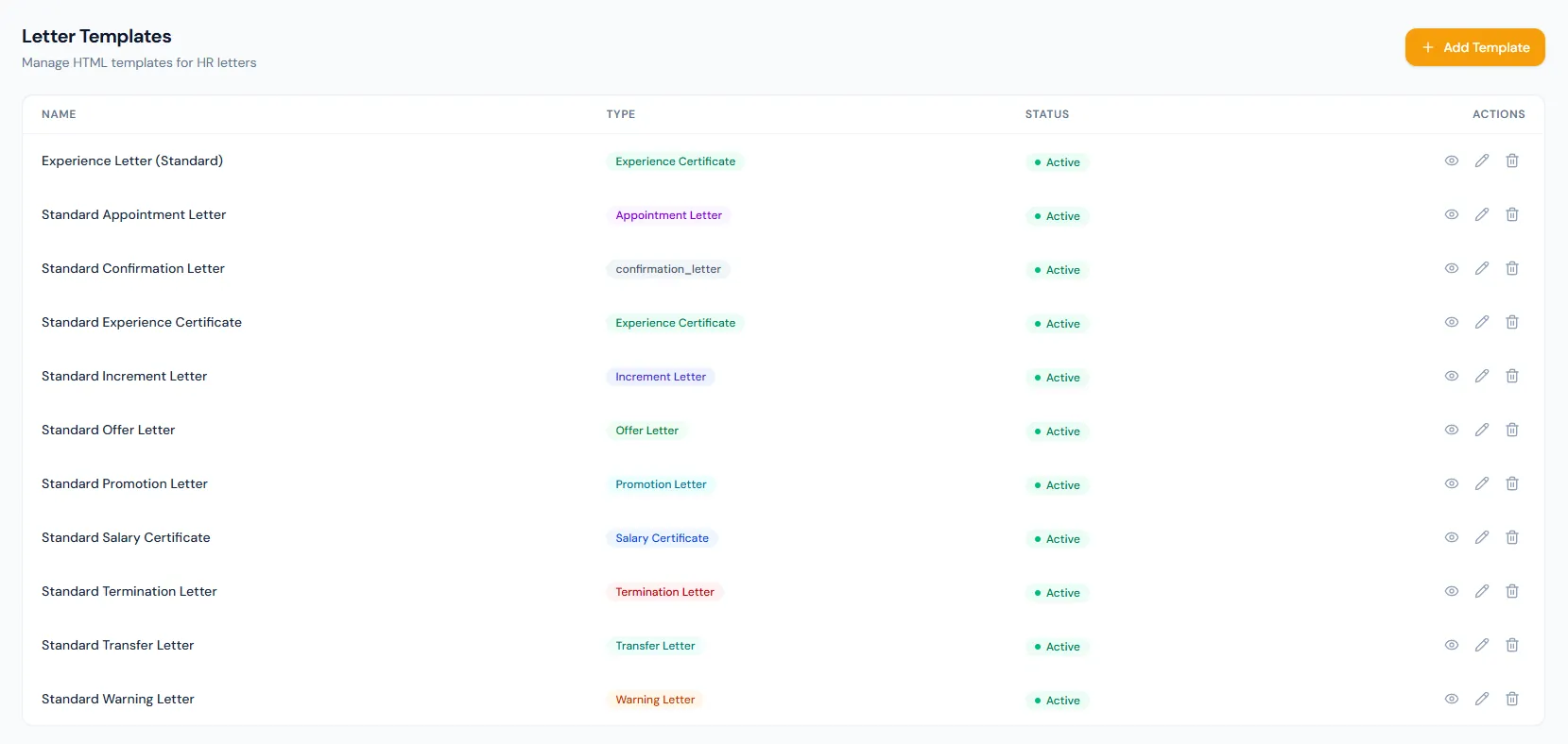 Letter templates page in Operentra HRM