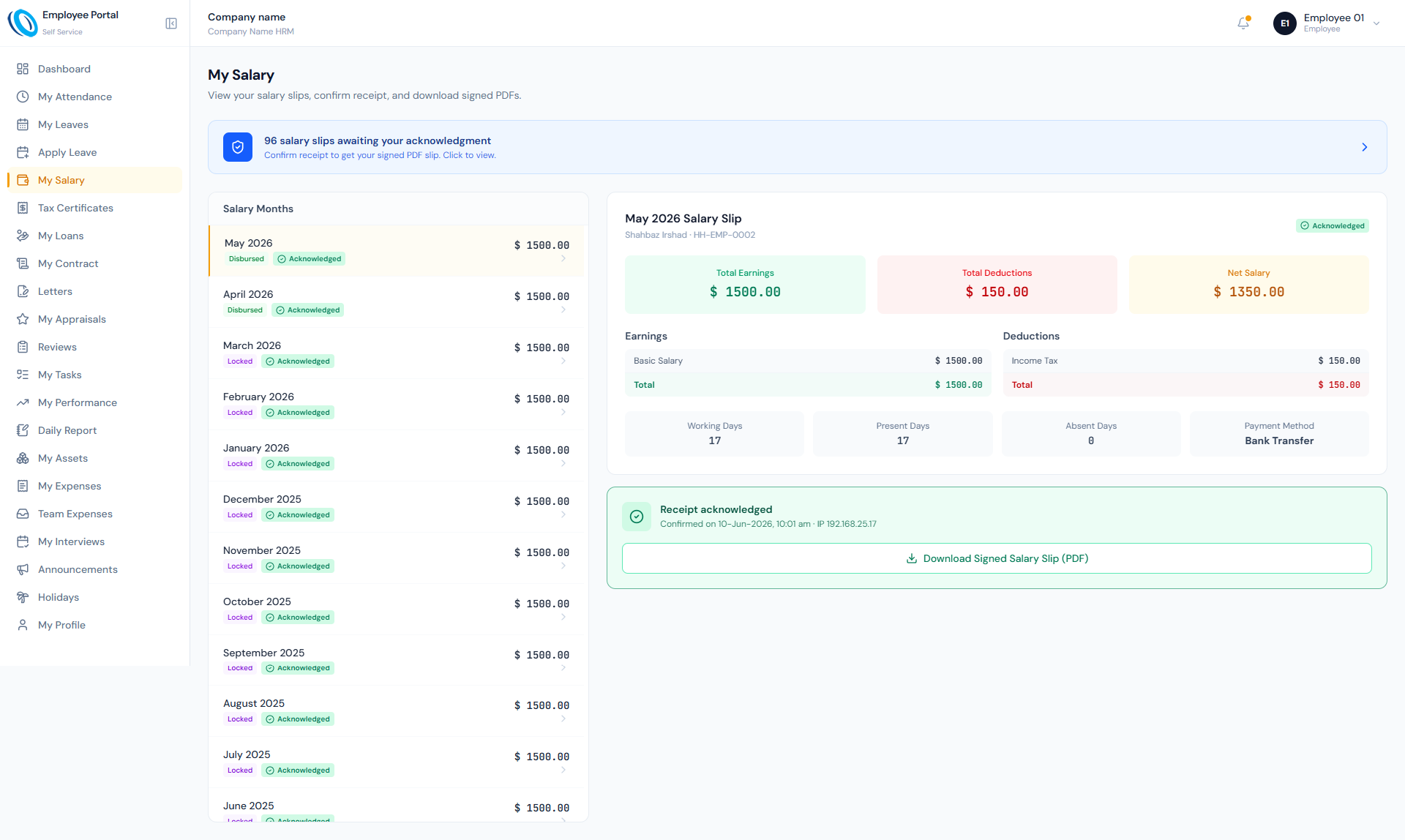 Salary Slip PDFs page showing generated payslip records, PDF output controls and employee salary slip delivery.