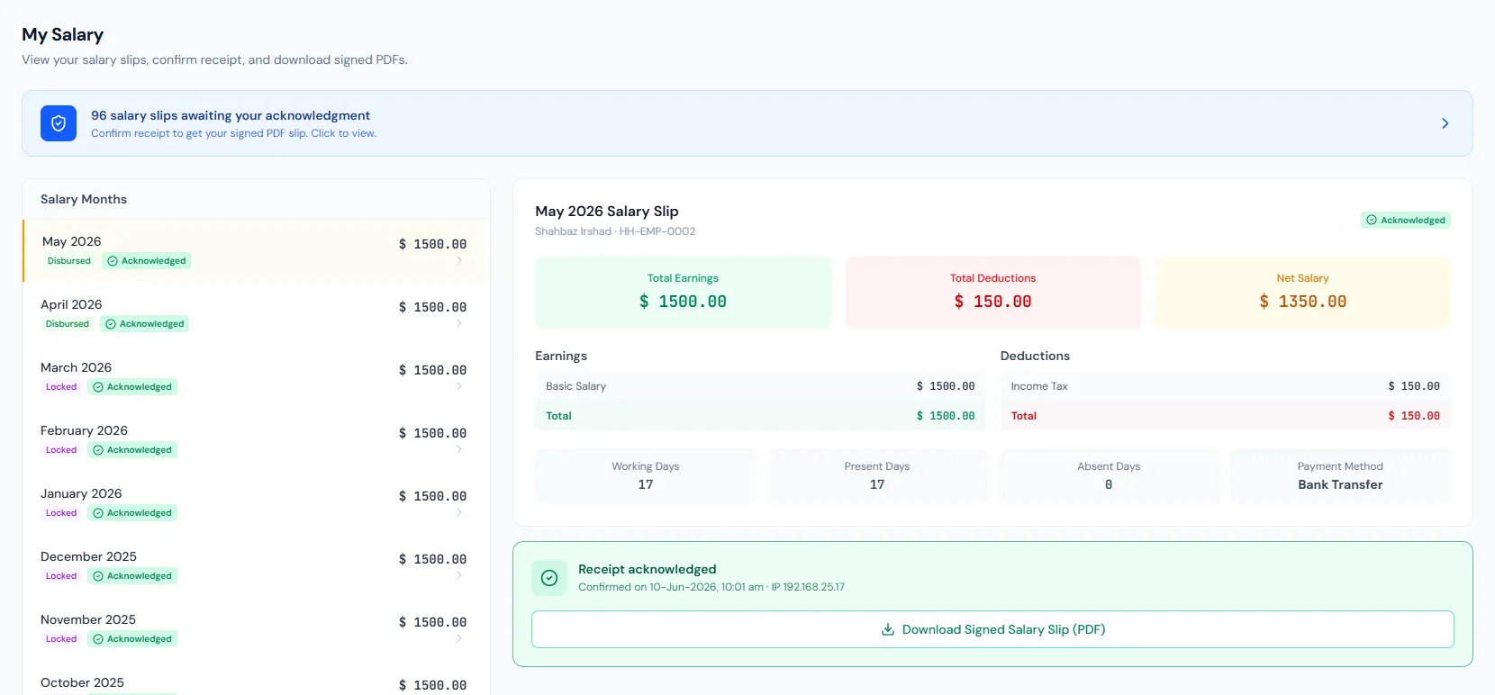 Salary Slip PDFs page showing generated payslip records, PDF output controls and employee salary slip delivery.