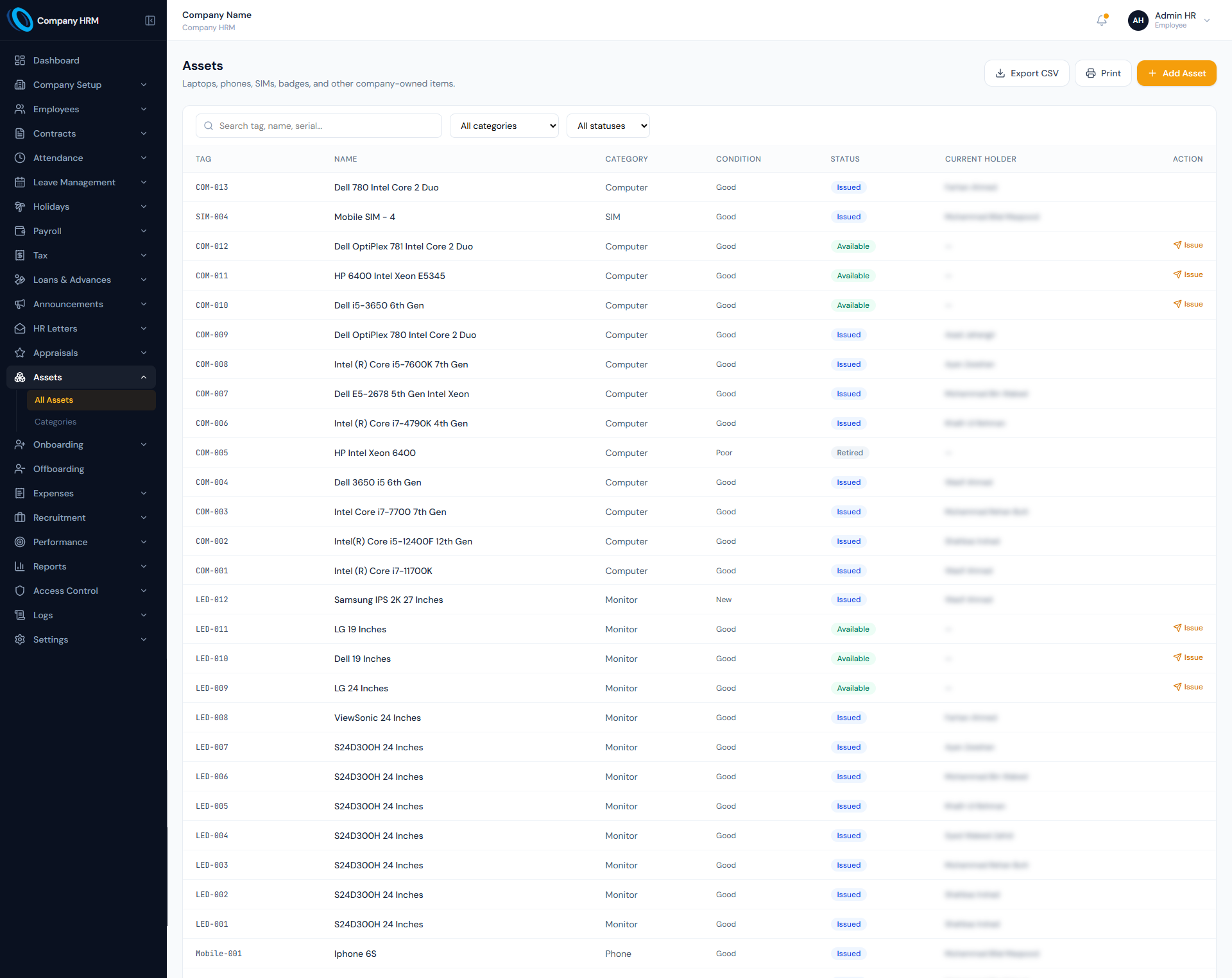 Assets page showing company asset inventory, assignment status and employee handover records.