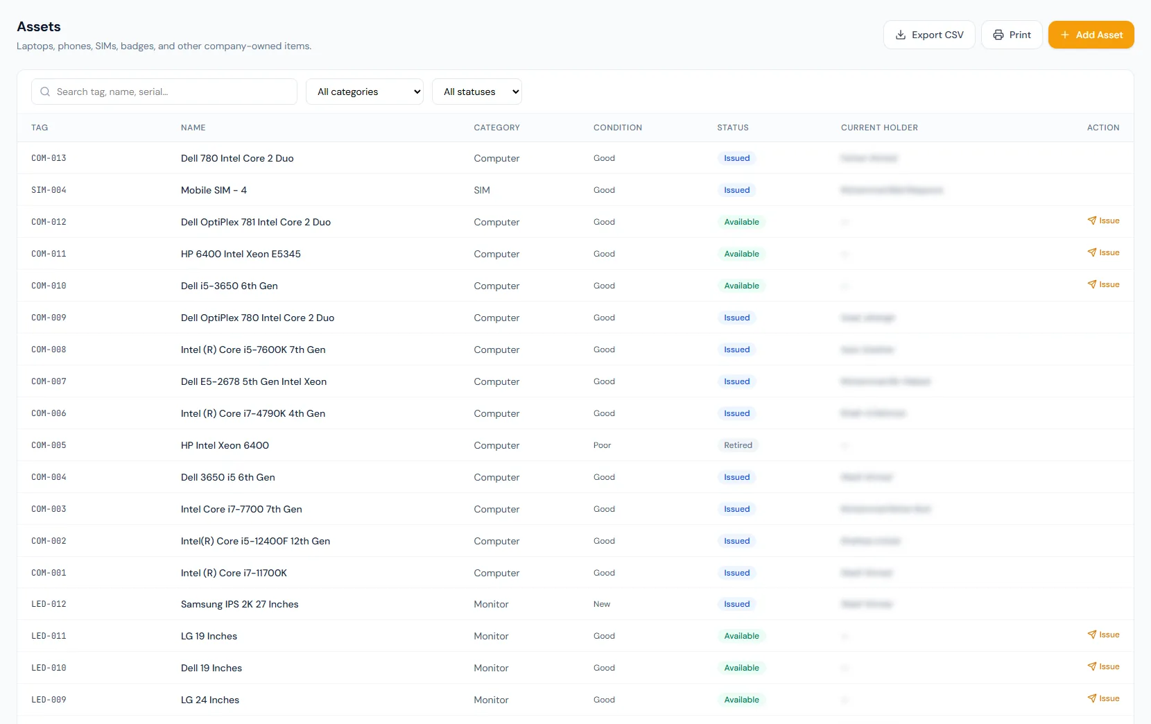 Assets page showing company asset inventory, assignment status and employee handover records.