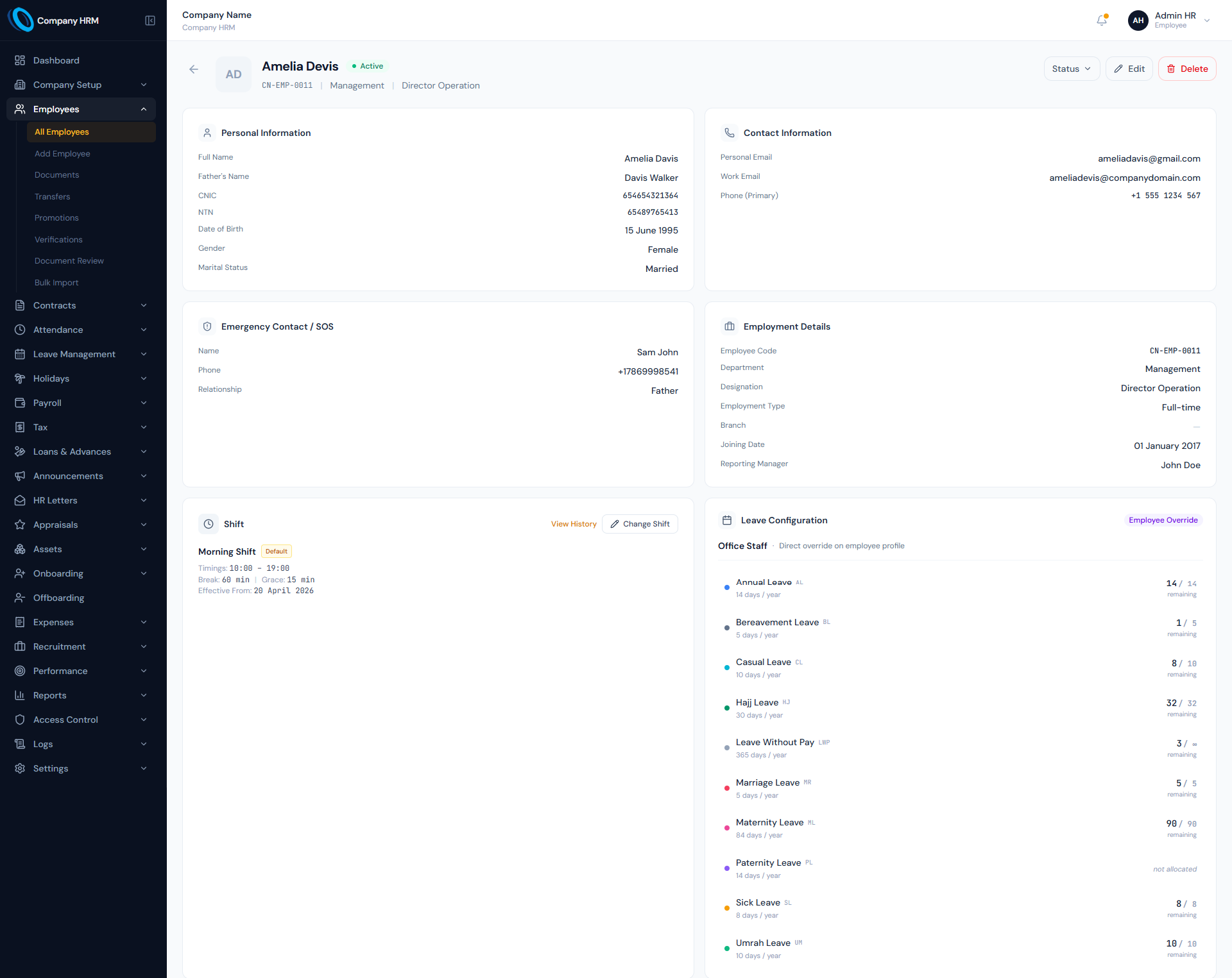 Employee Profile page showing personal, contact, employment and reporting details.