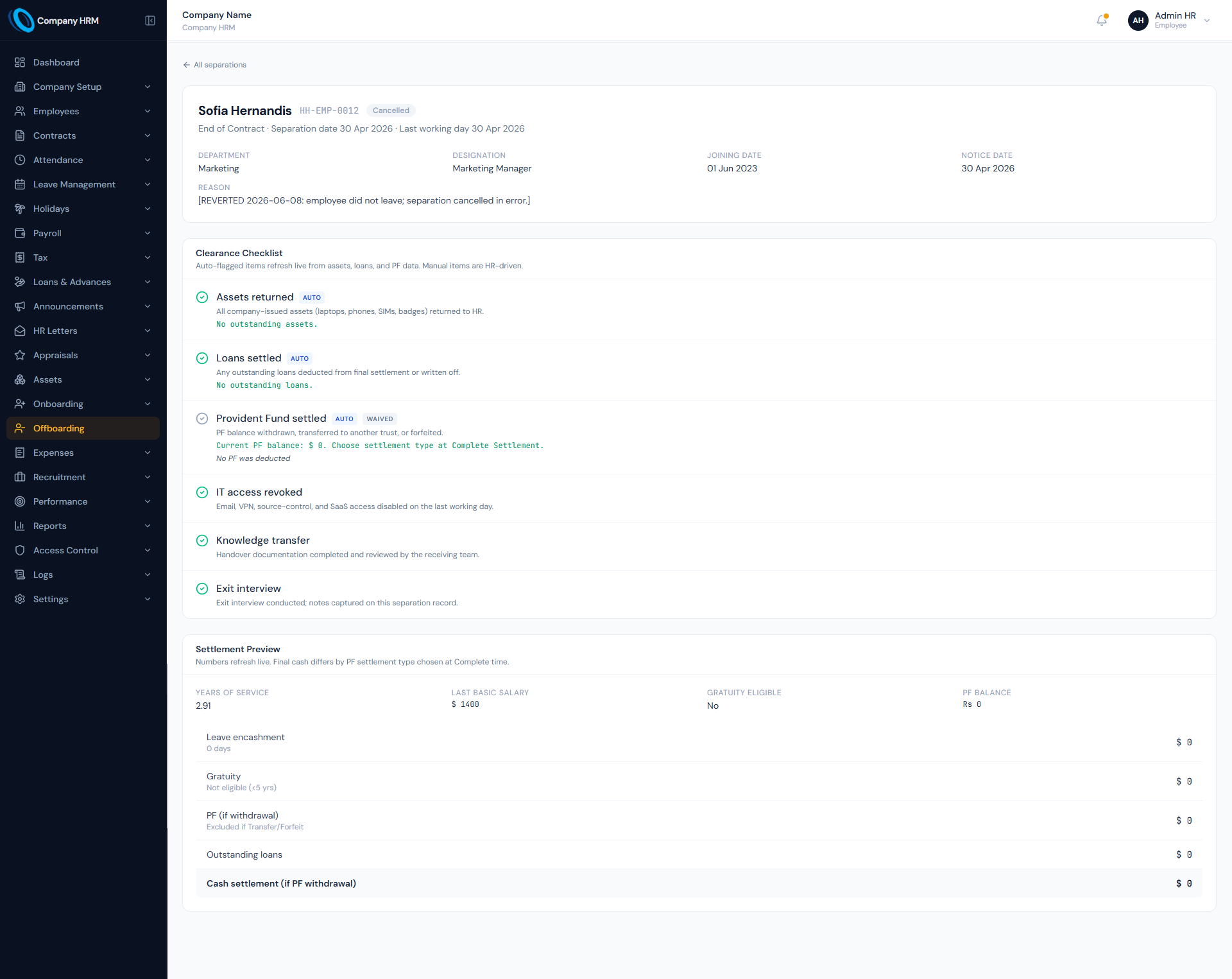 Offboarding page showing employee separation workflow, clearance checklist and final settlement controls.