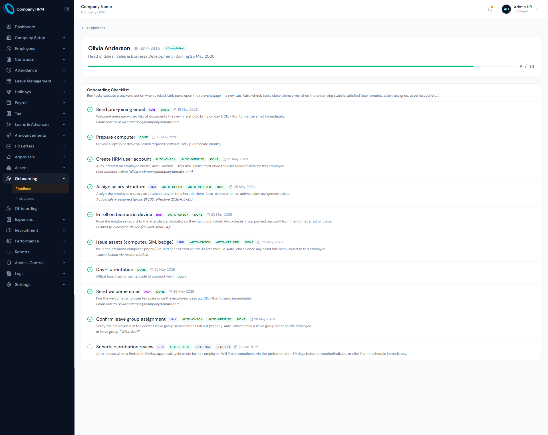 Onboarding page showing new-hire checklist, setup tasks, status tracking and probation readiness.