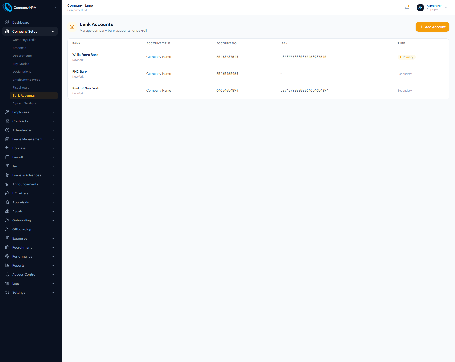 Bank Accounts page showing bank, account title, account number, IBAN and type columns.