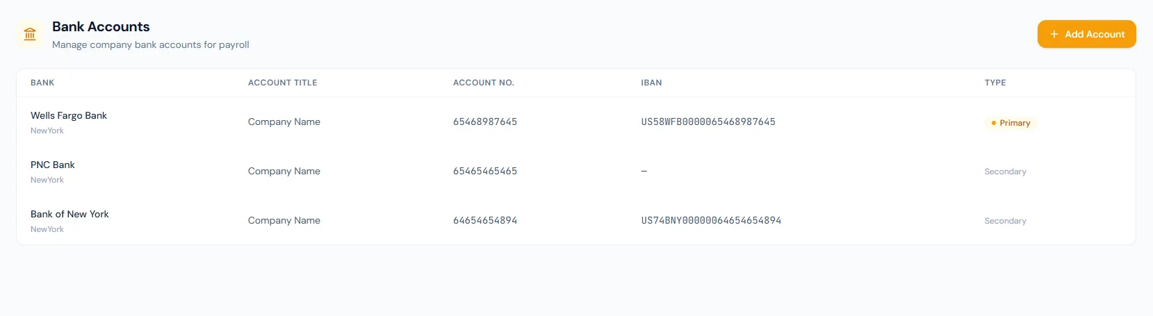 Bank Accounts page showing bank, account title, account number, IBAN and type columns.