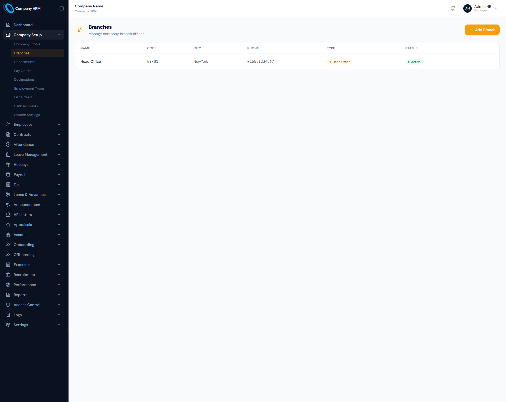 Branches page showing branch table with name, code, city, phone, type and status.