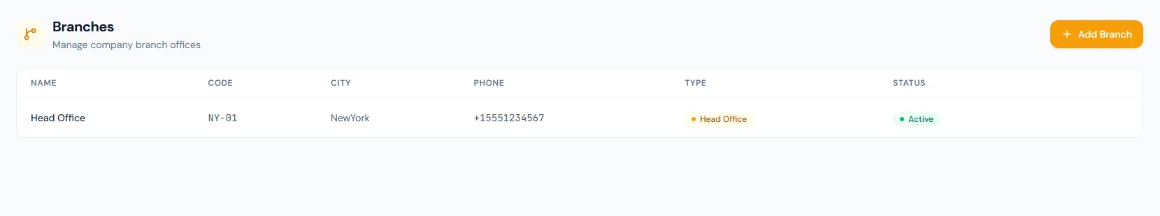Branches page showing branch table with name, code, city, phone, type and status.