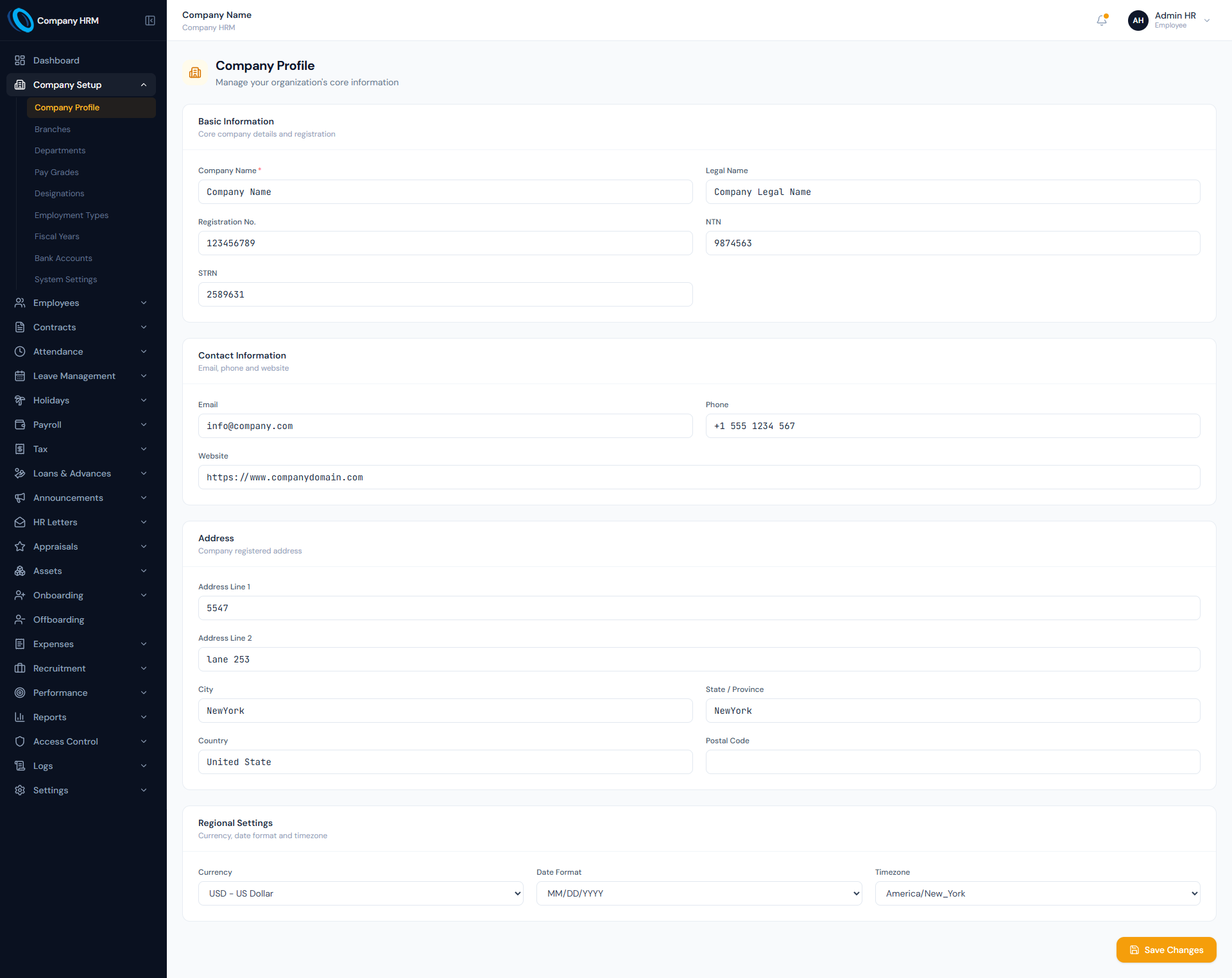 Company Profile page showing basic information, contact information, address and regional settings.