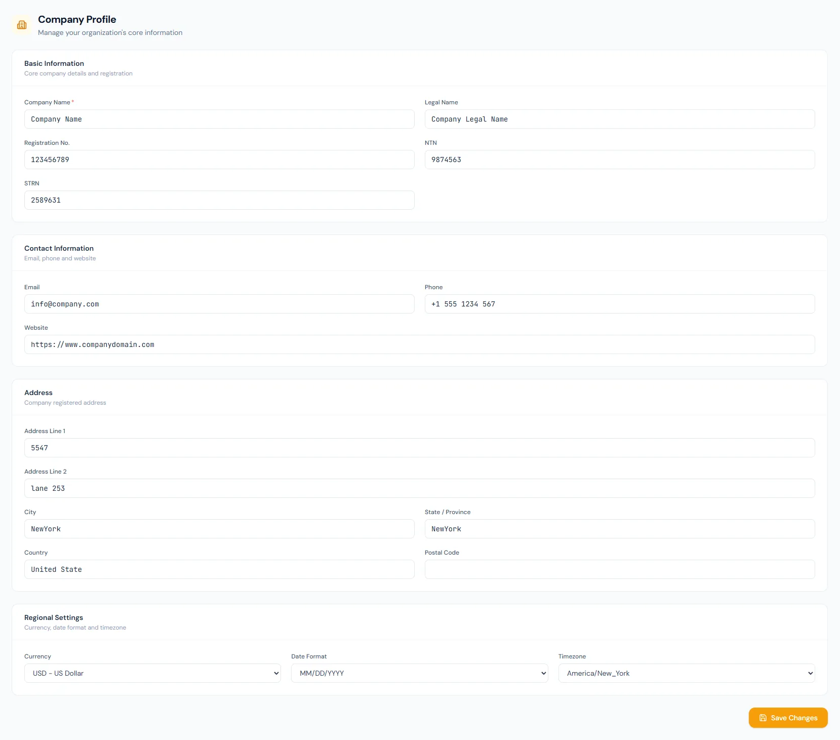 Company Profile page showing basic information, contact information, address and regional settings.