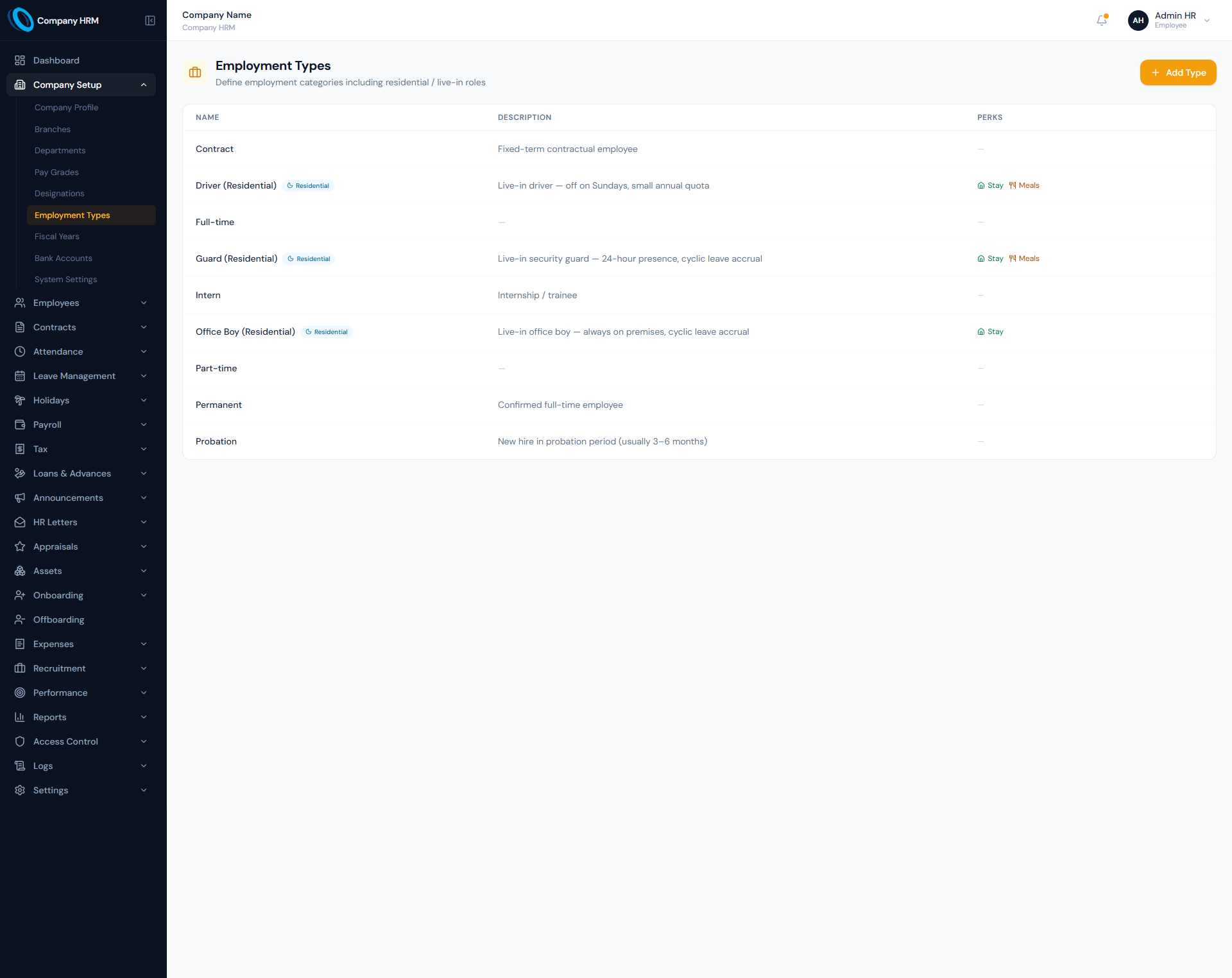 Employment Types page showing category names, descriptions and perks.