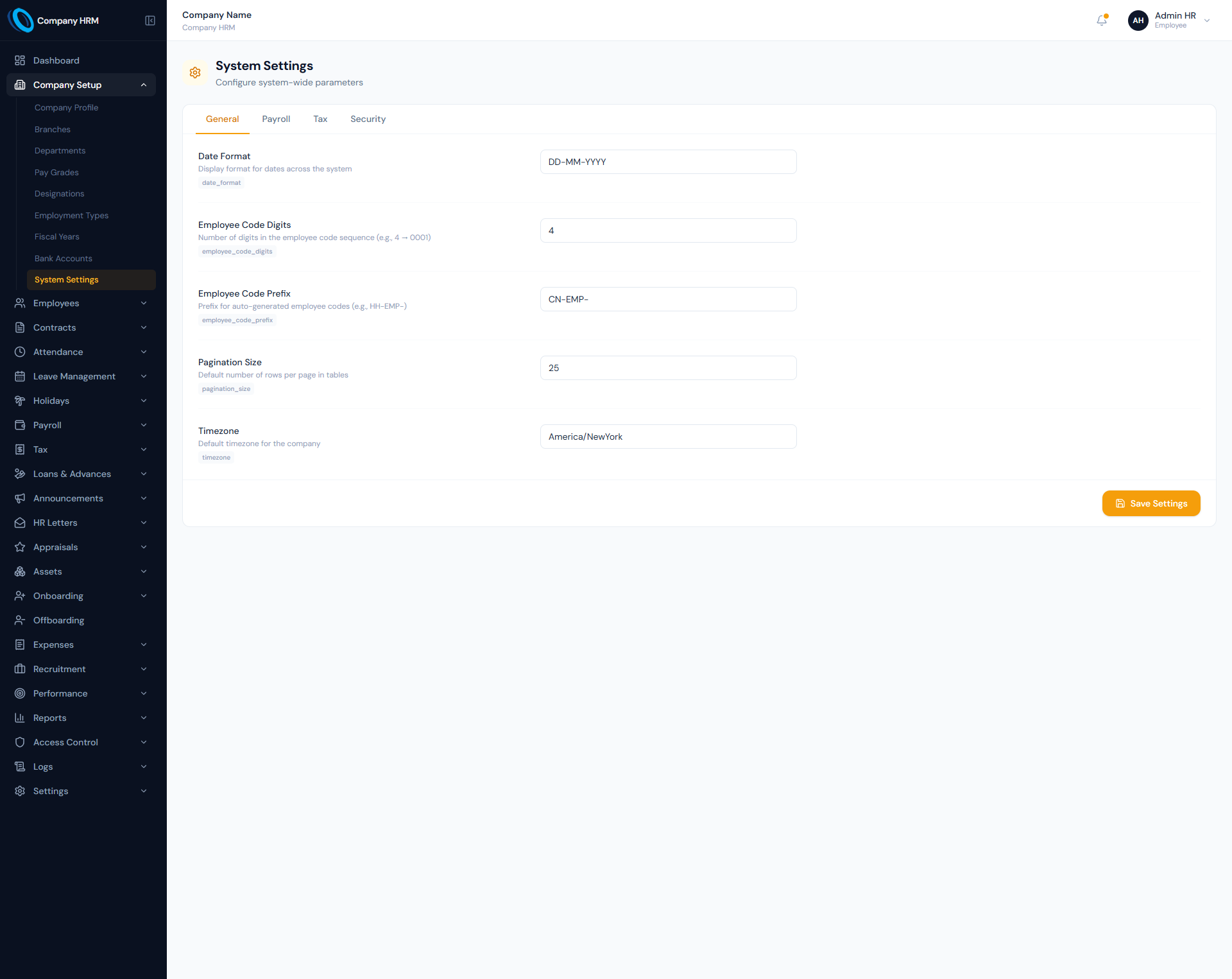 System Settings page showing General, Payroll, Tax and Security tabs with system parameters.