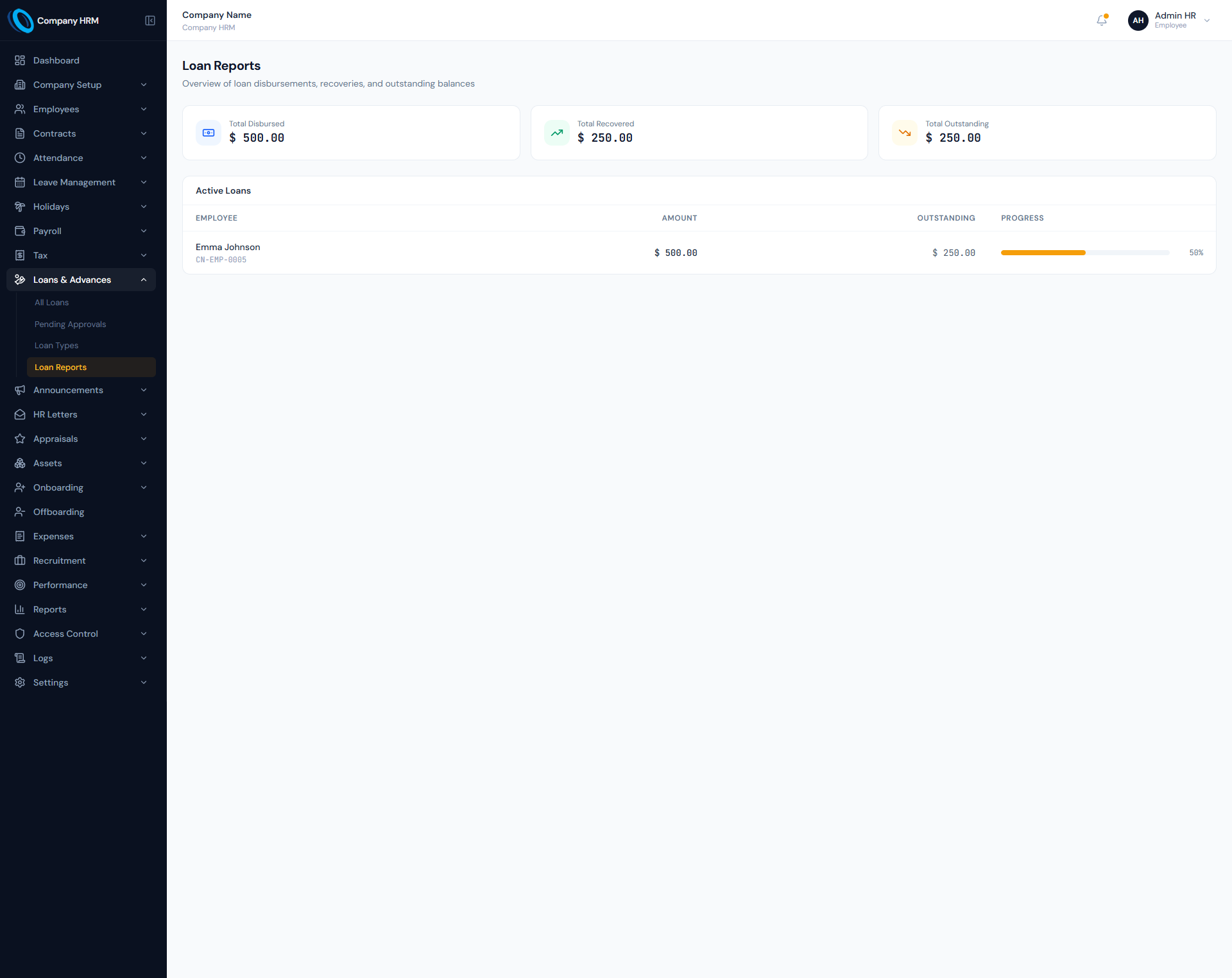 Loans page showing employee loan requests, installment schedules and payroll deduction status.