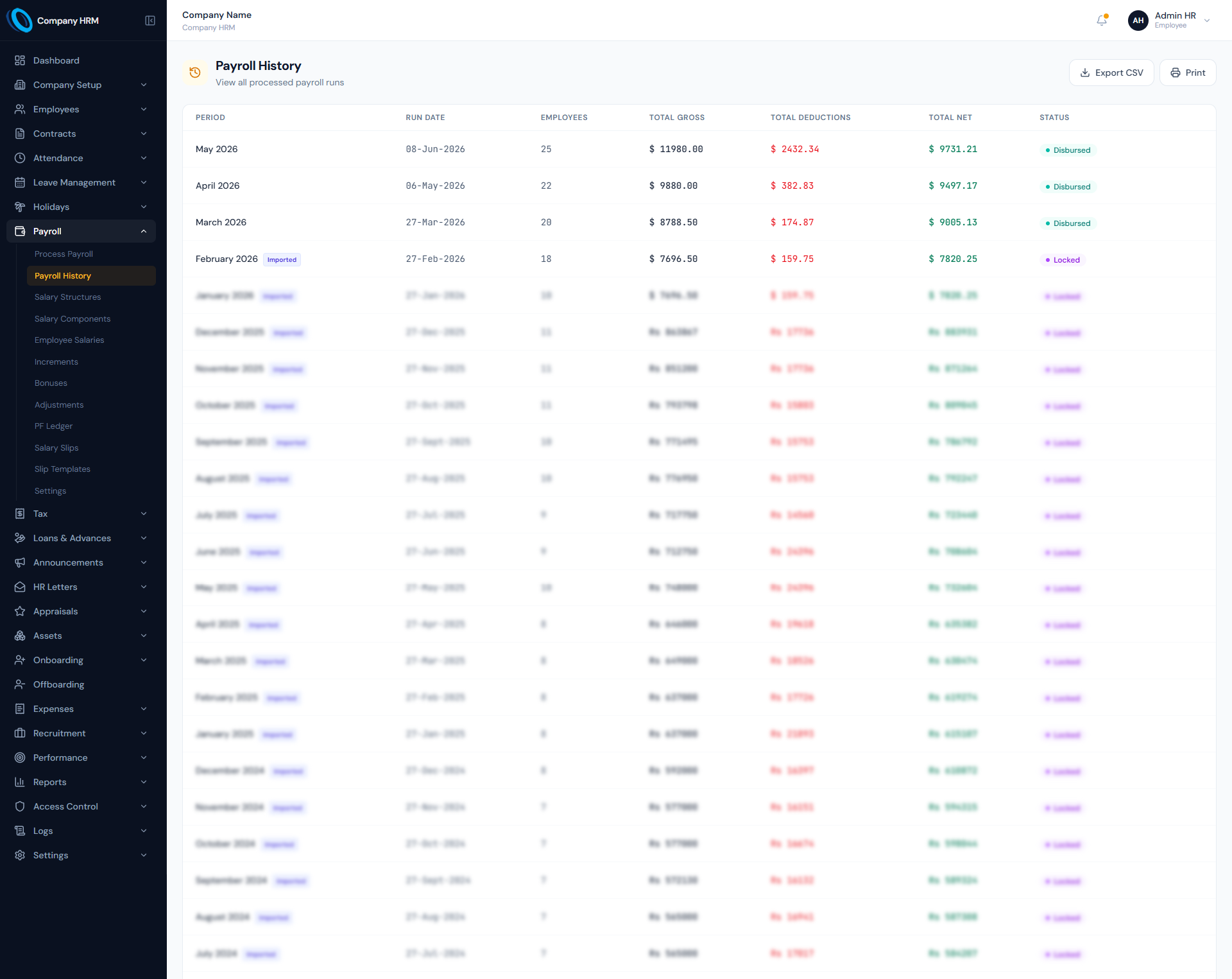 Payroll processing page in Operentra HRM
