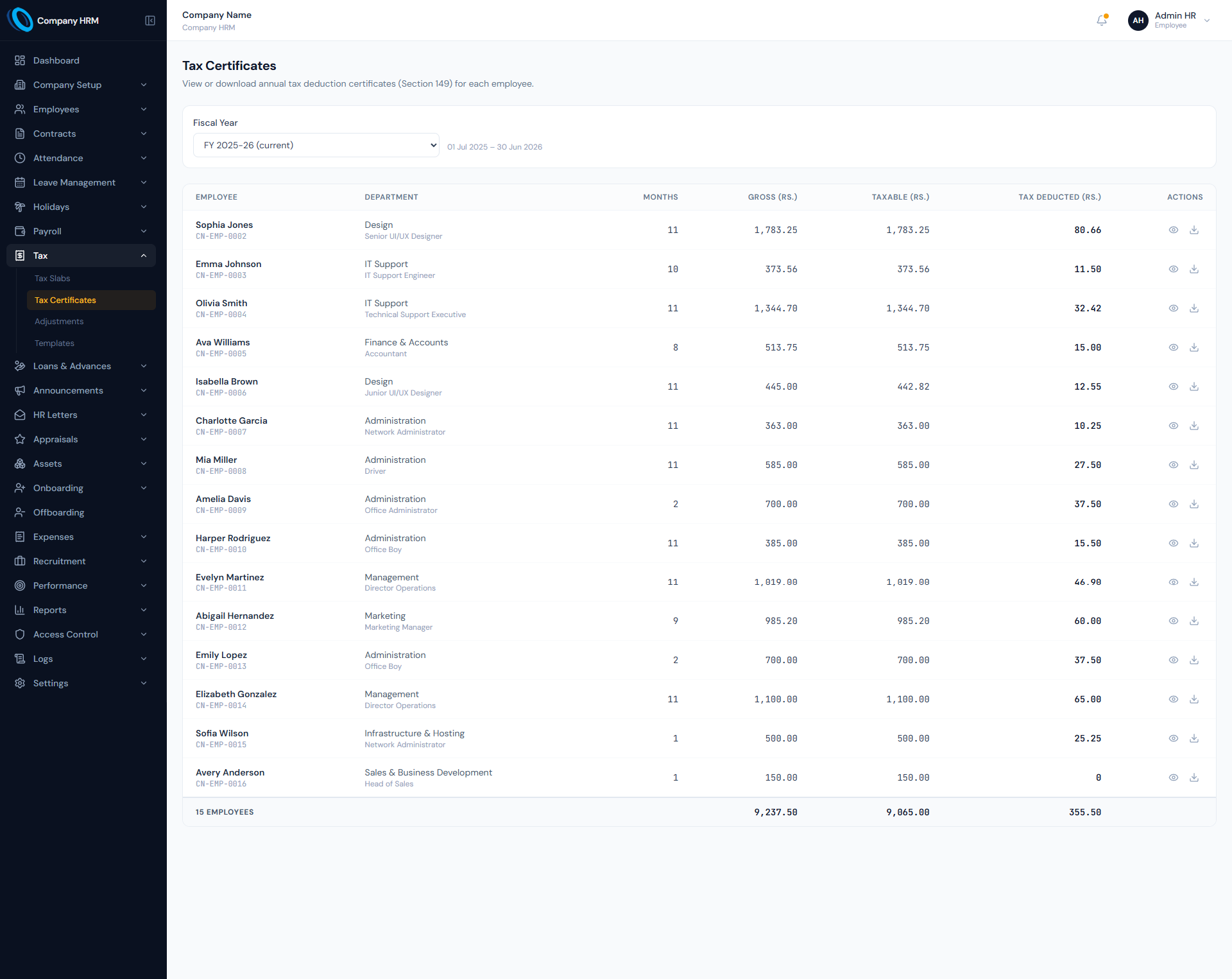 Tax management page showing payroll tax setup, annual projection and year-to-date deduction controls.