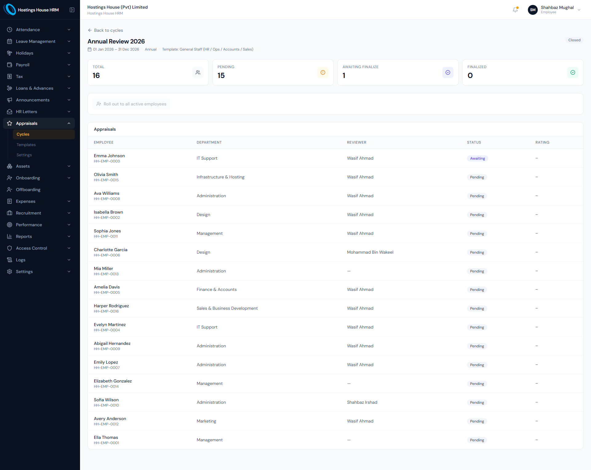 Appraisals page showing formal review cycles, appraisal status, reviewers and performance review controls.
