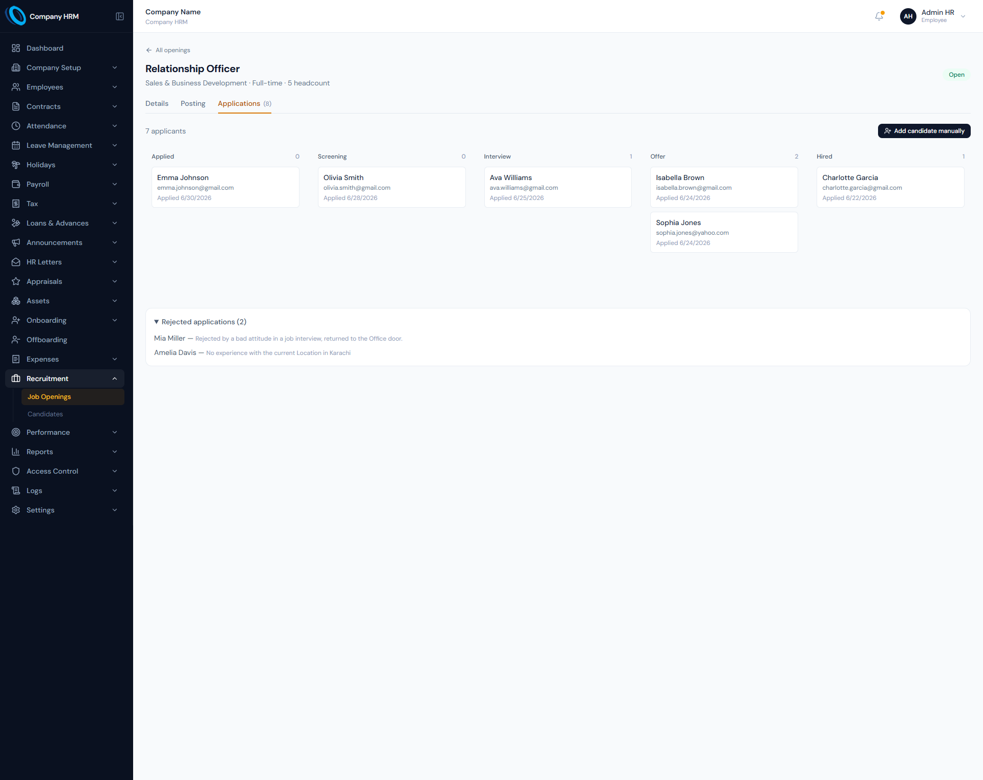 Candidate Pipeline page showing hiring stages, candidate cards and recruitment pipeline controls.