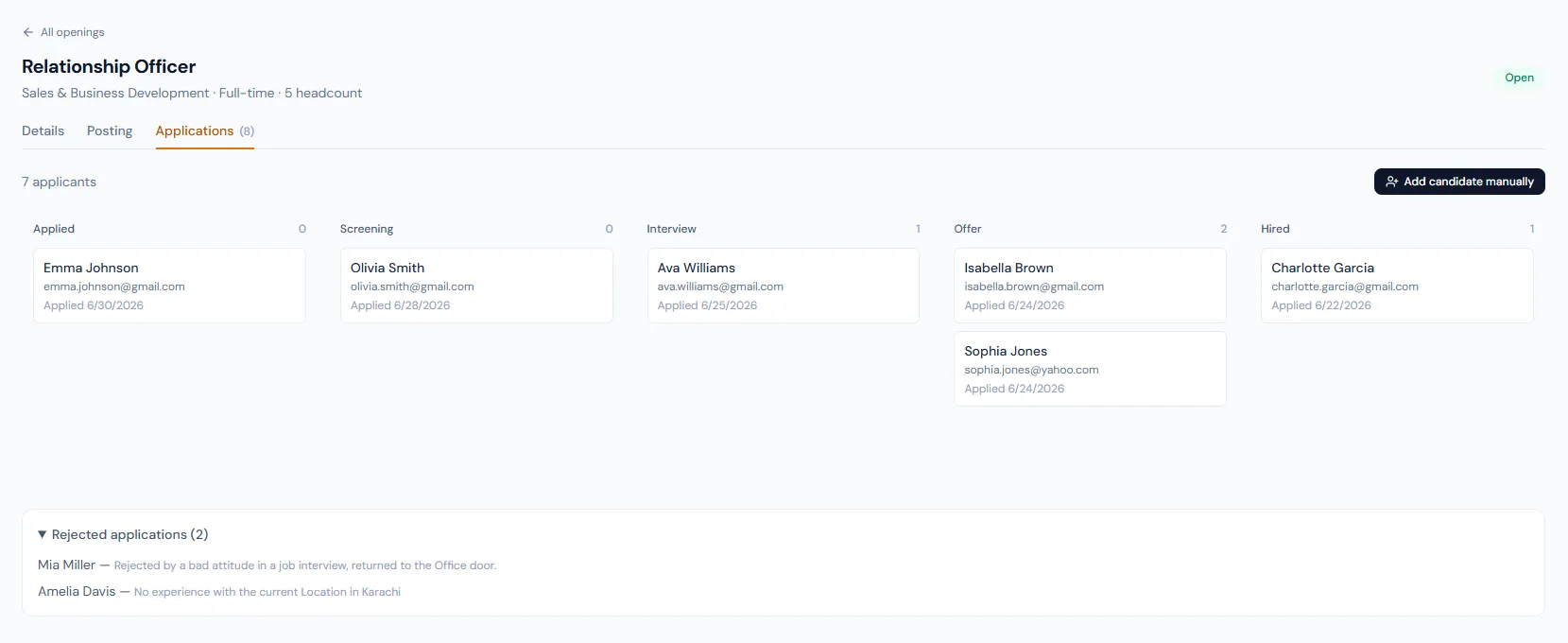 Candidate Pipeline page showing hiring stages, candidate cards and recruitment pipeline controls.