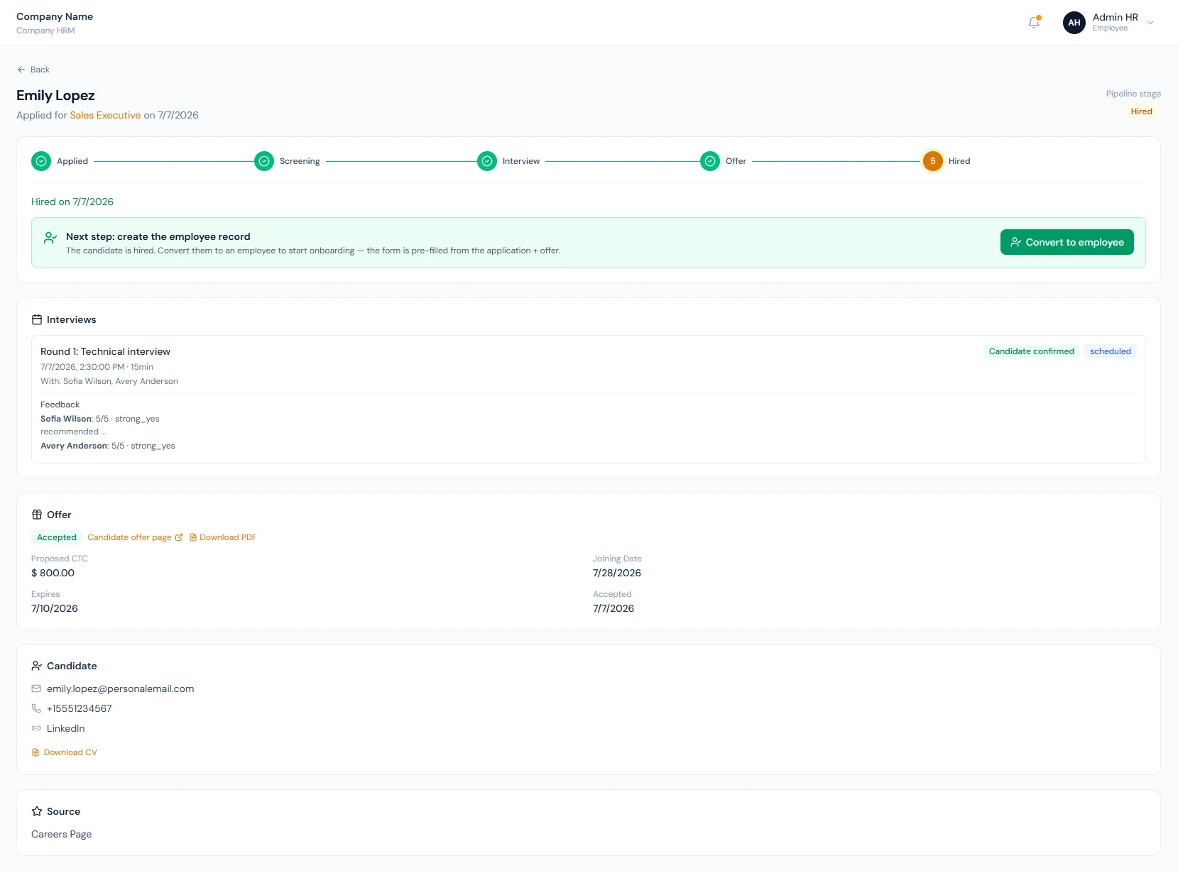 Candidate to Employee Conversion page showing accepted candidate details, employee creation fields and recruitment handoff controls.