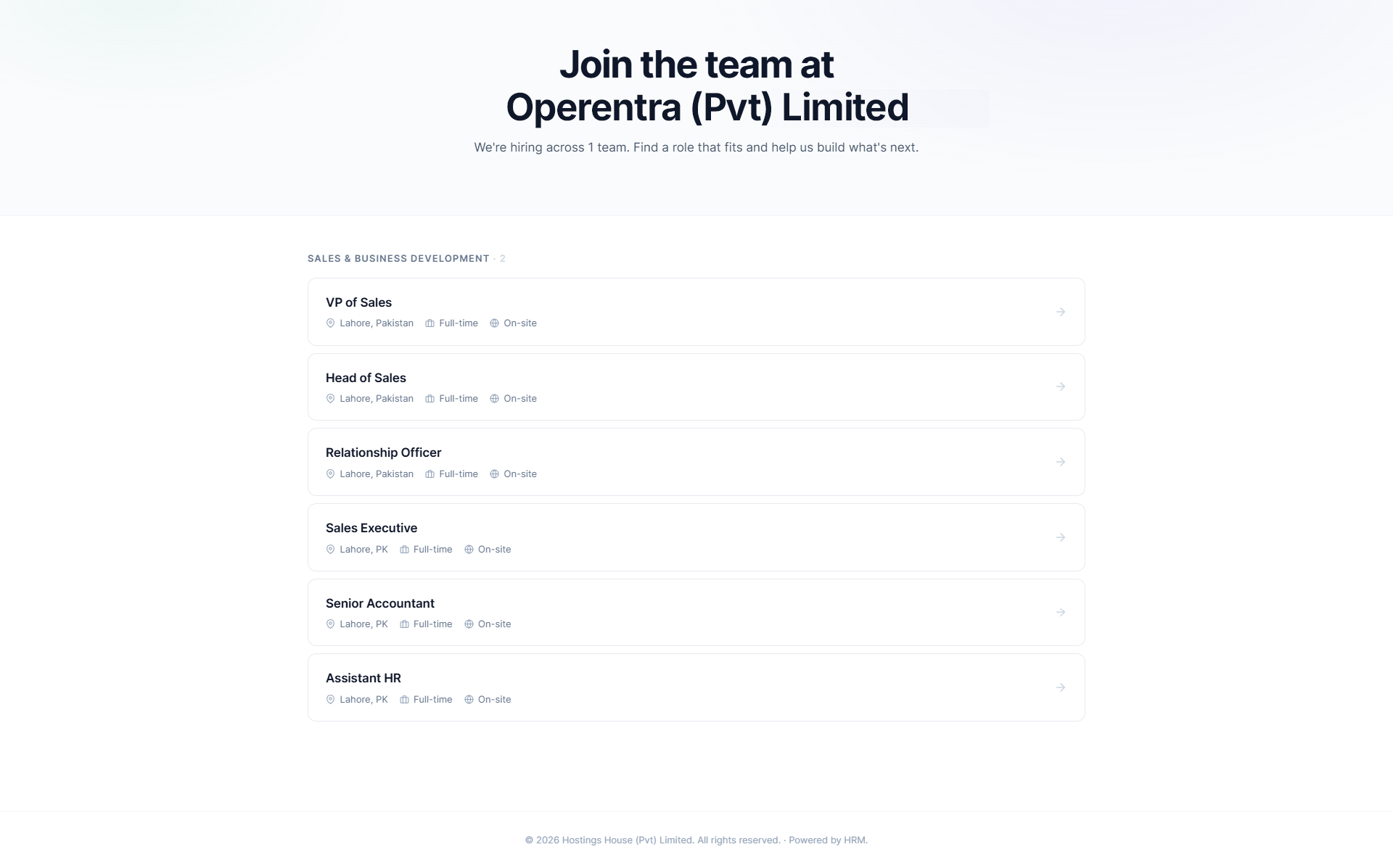 Careers Page showing published job openings, branded company context and candidate-facing job listing controls.