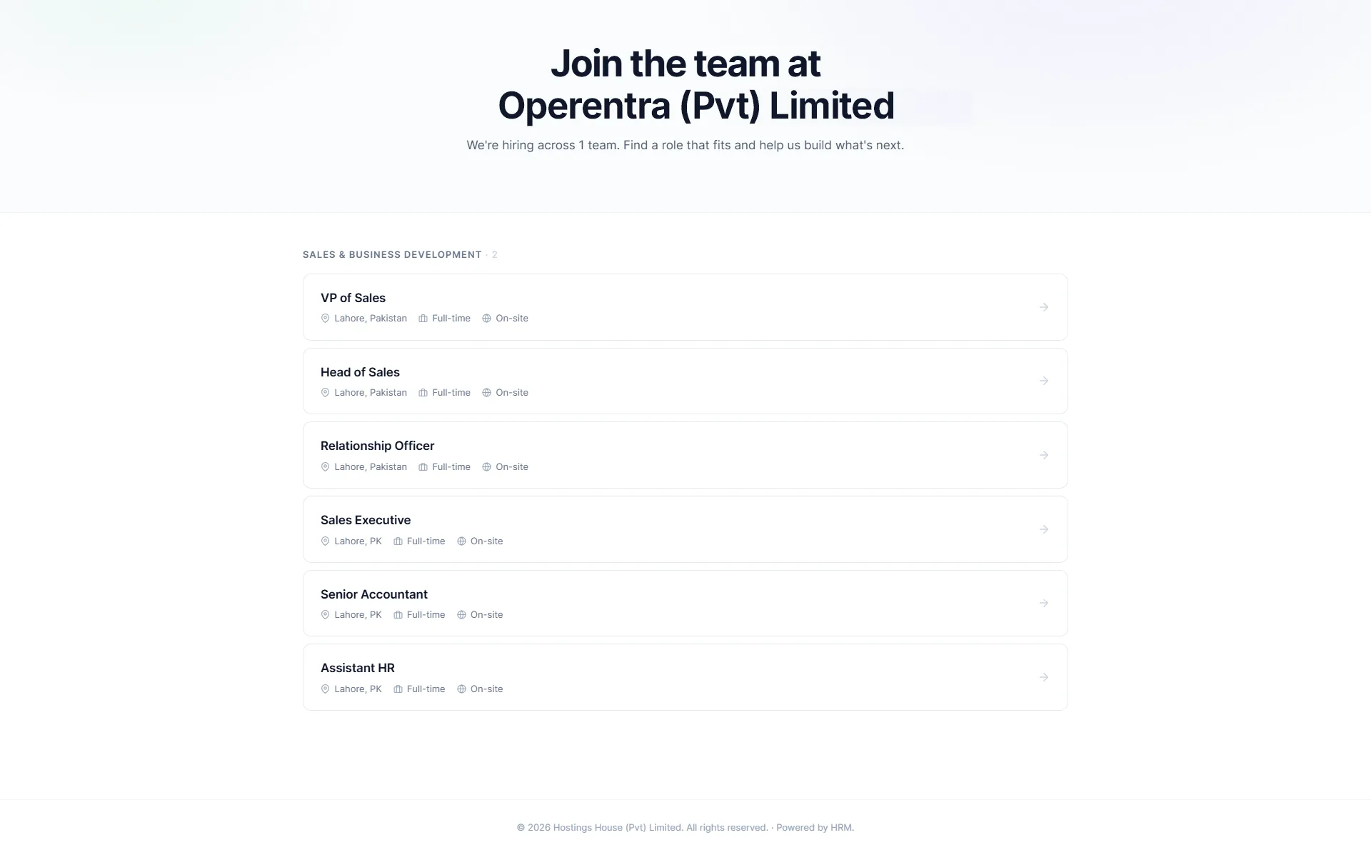 Careers Page showing published job openings, branded company context and candidate-facing job listing controls.