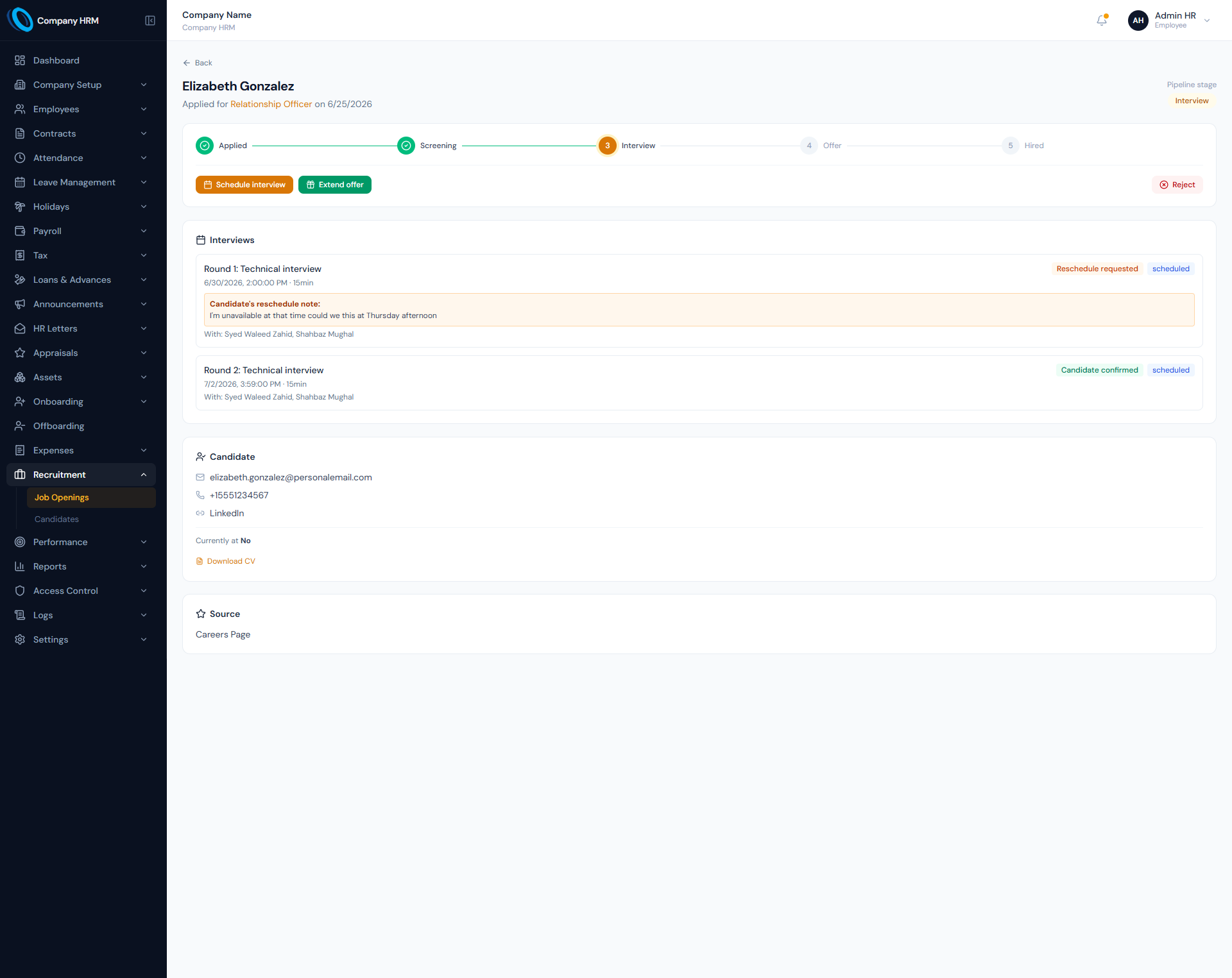 Interviews page showing scheduled interview rounds, candidate details, panel assignments and feedback controls.
