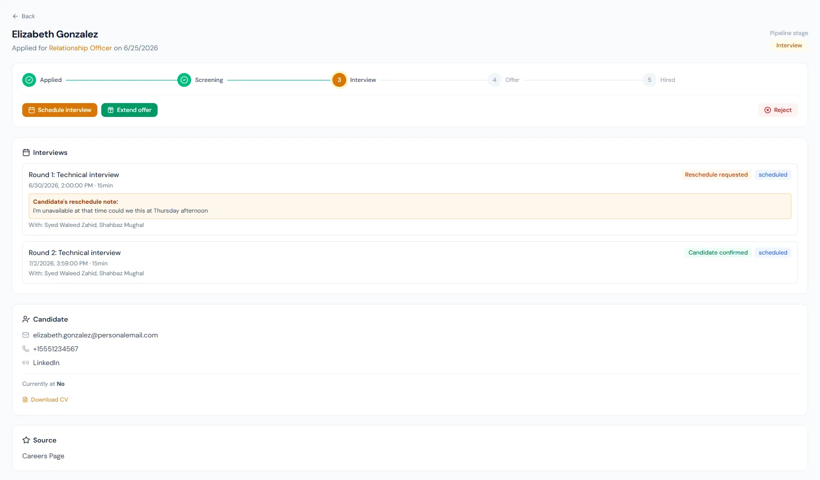 Interviews page showing scheduled interview rounds, candidate details, panel assignments and feedback controls.