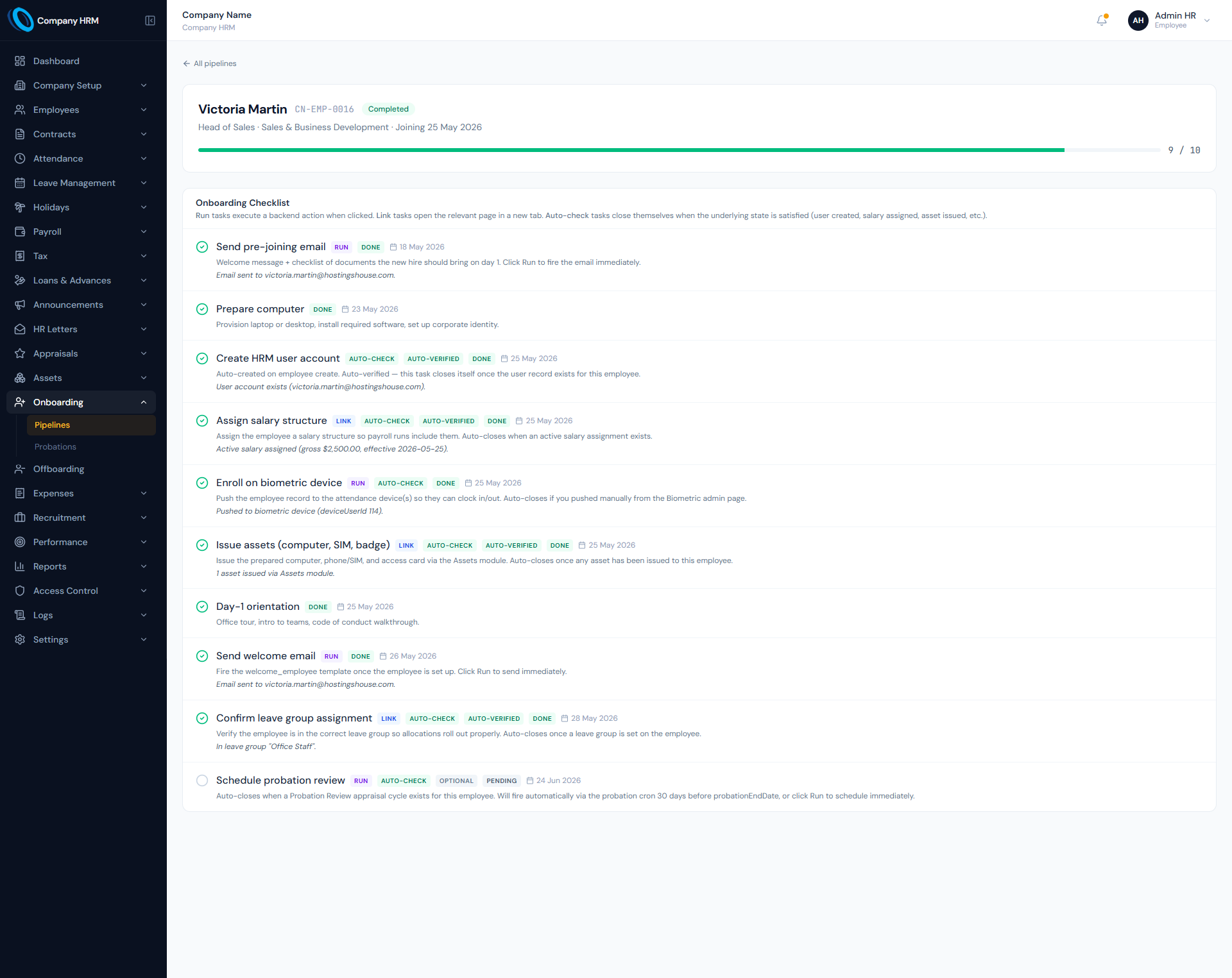 Onboarding Handoff page showing new hire onboarding tasks, recruitment links and employee setup actions.