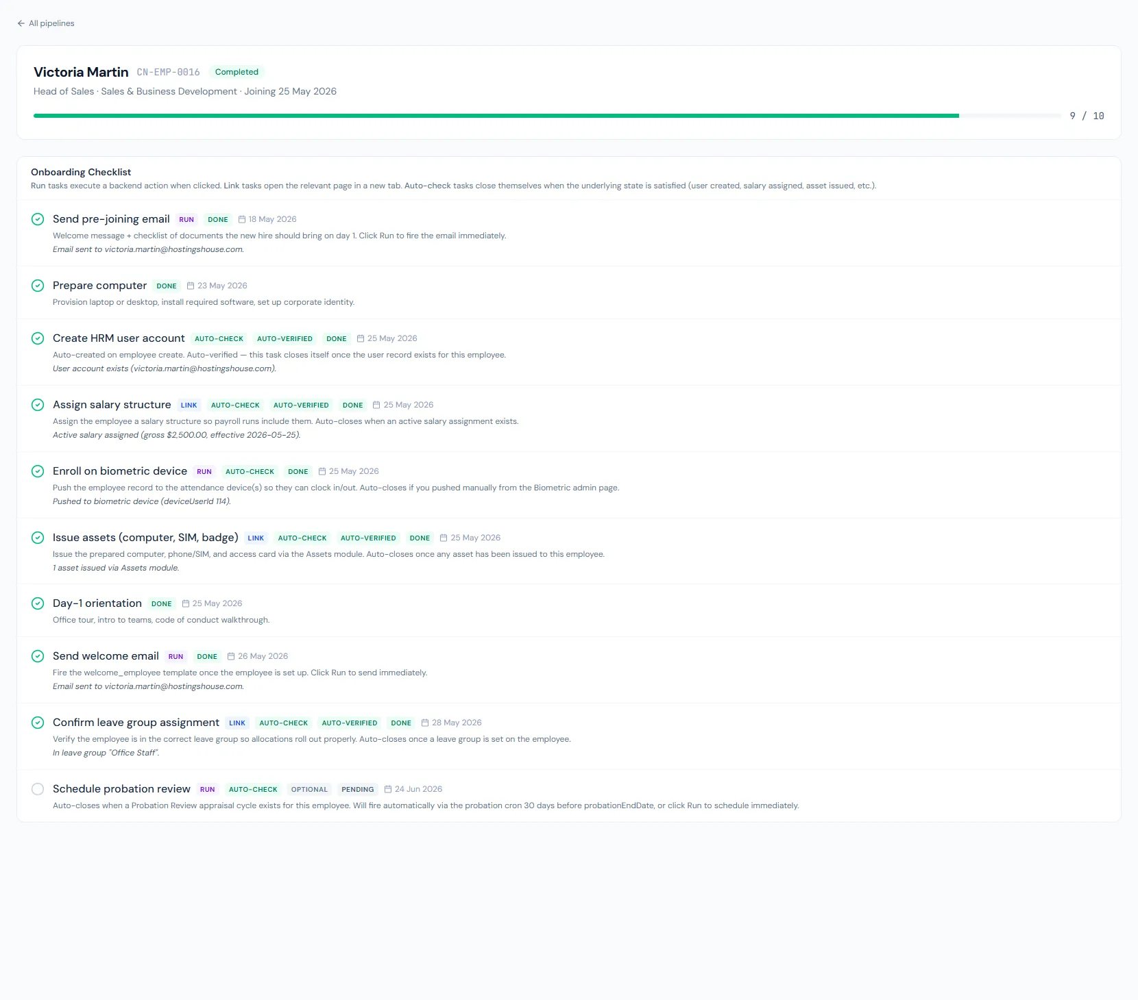 Onboarding Handoff page showing new hire onboarding tasks, recruitment links and employee setup actions.