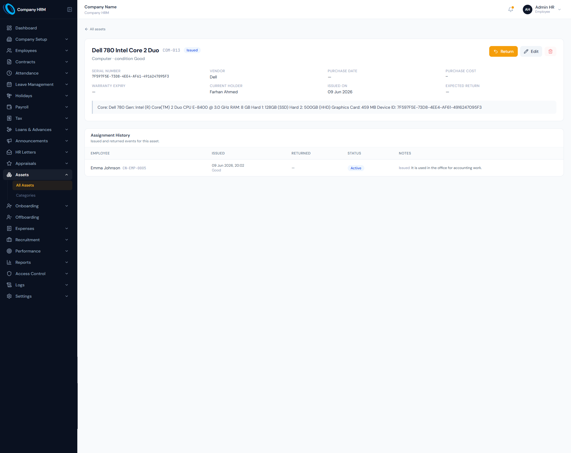 Asset Reports page showing company asset inventory, issued assets, available assets, lost or retired assets and employee asset history reporting.