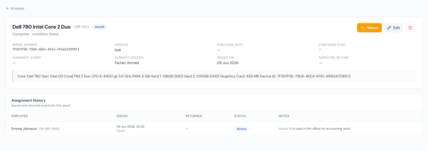 Asset register showing company assets, status filters, current holders and custody history.