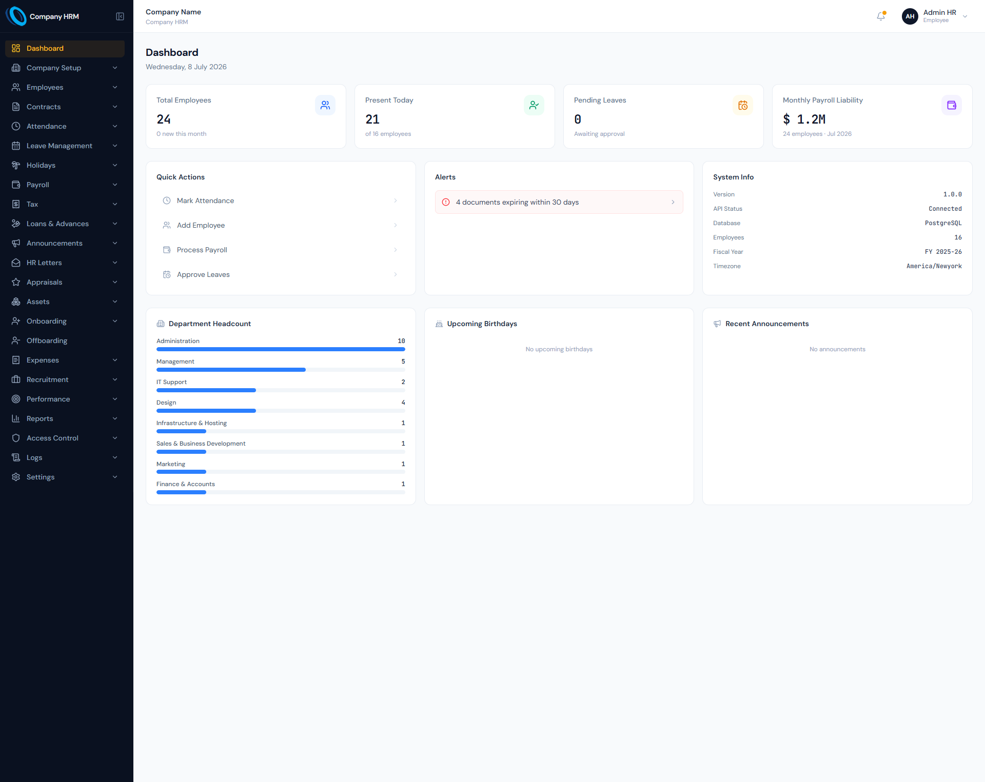 Dashboard page showing HRM workforce summaries, attendance, payroll, leave and activity widgets.