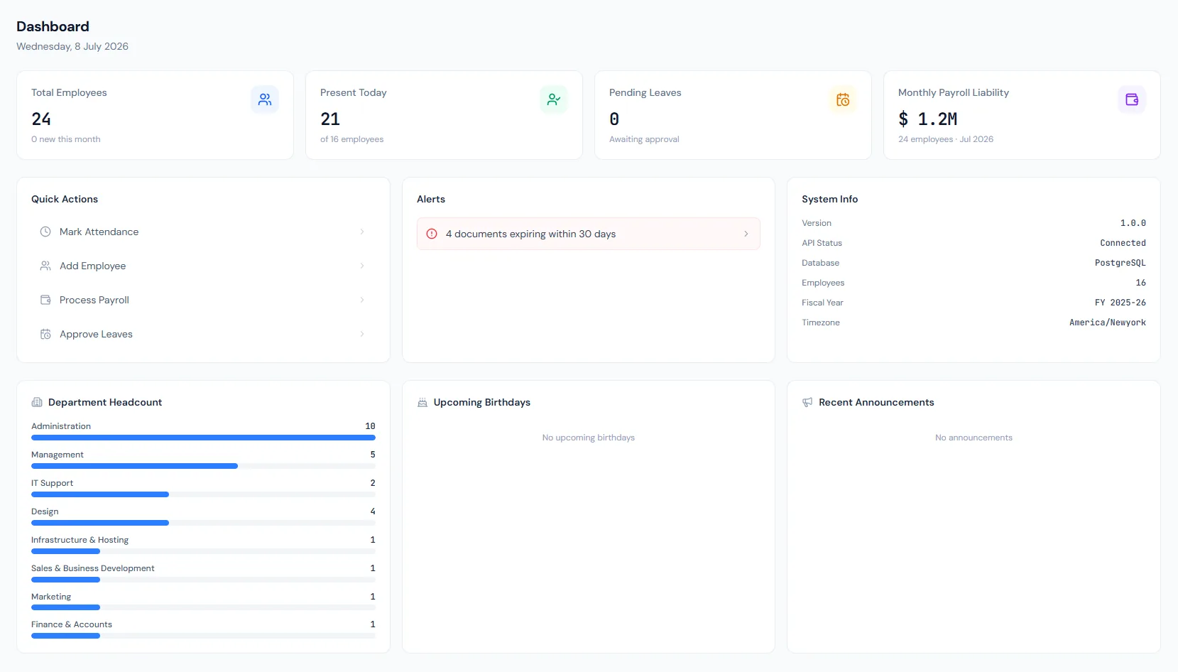 Dashboard page showing HRM workforce summaries, attendance, payroll, leave and activity widgets.