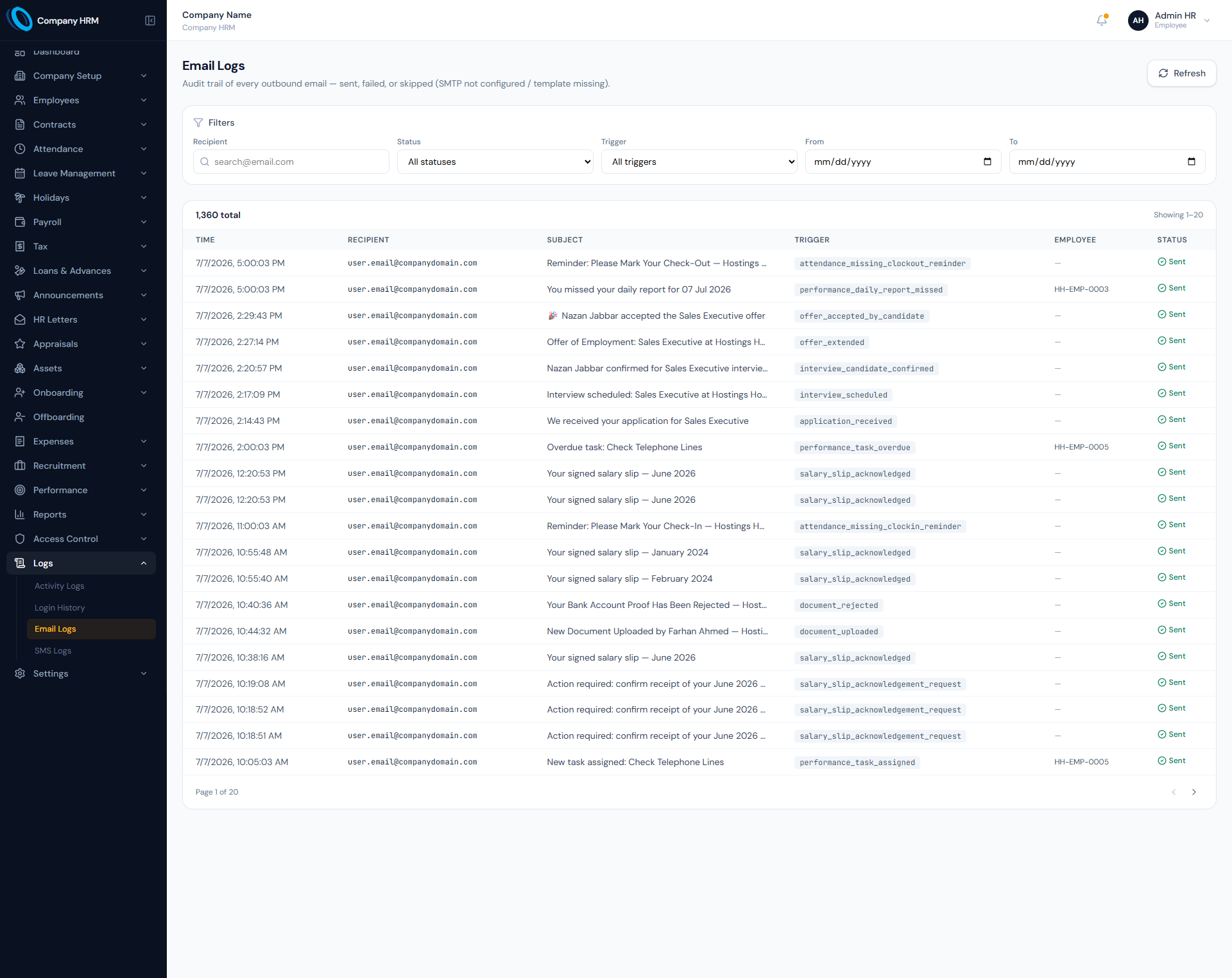 Audit Logs page showing activity records, entity history, filters and administrative audit details.
