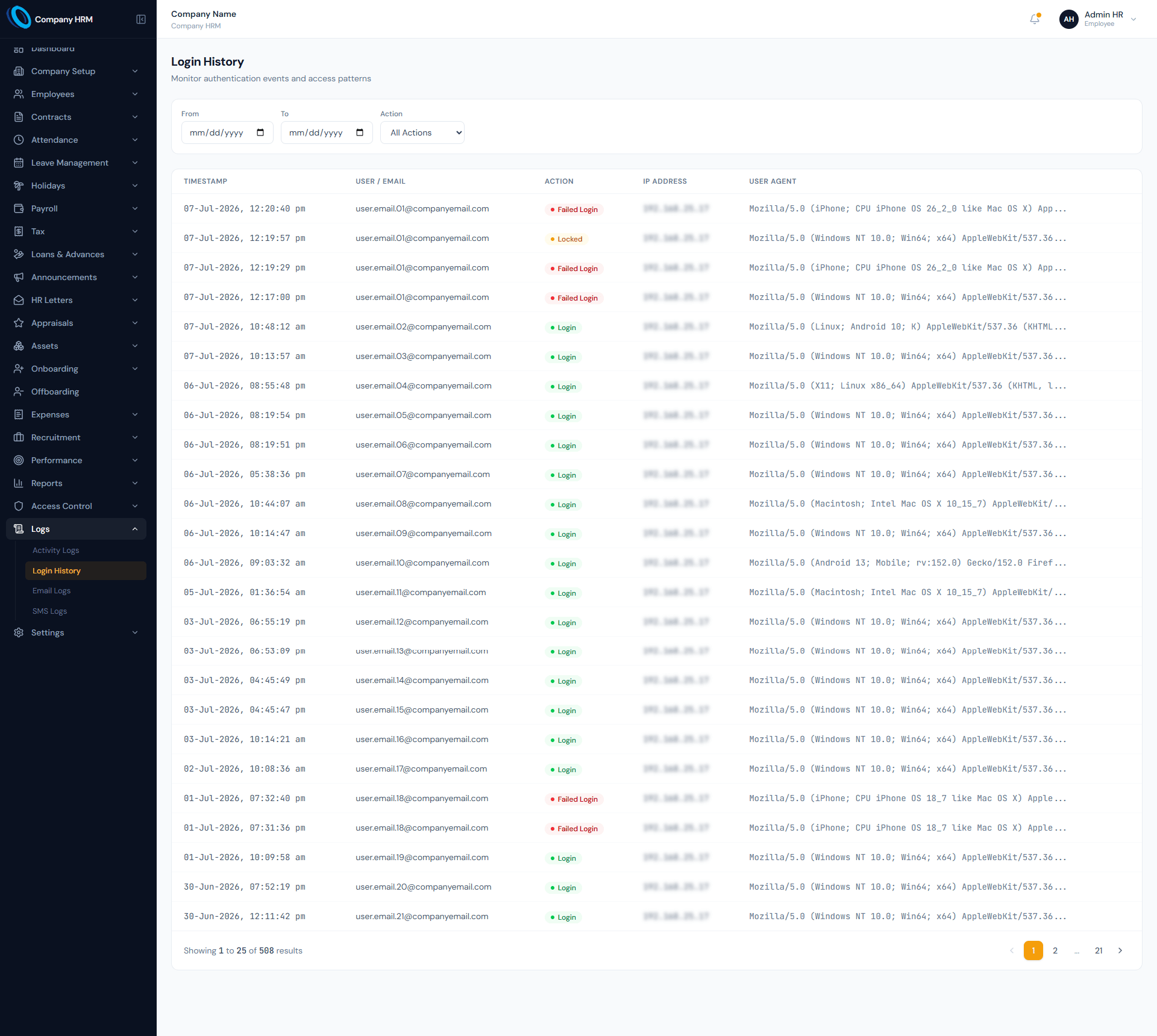 Login Activity page showing authentication events, user access history, event filters and security review controls.