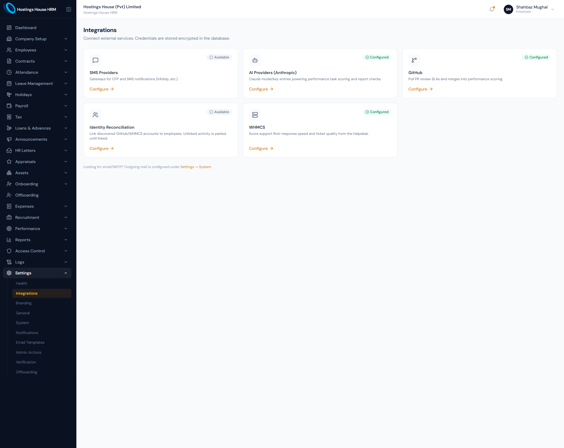 System Administration page showing platform administration controls, logs, backups, health checks and SMS settings.