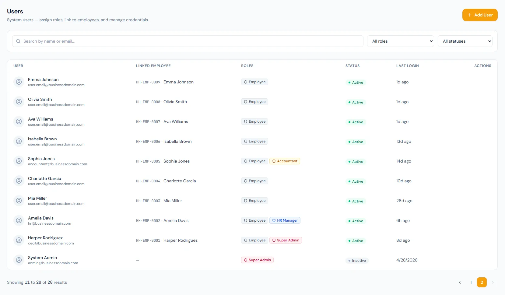 Users and Roles page showing HRM user accounts, role assignment, employee links and access status controls.