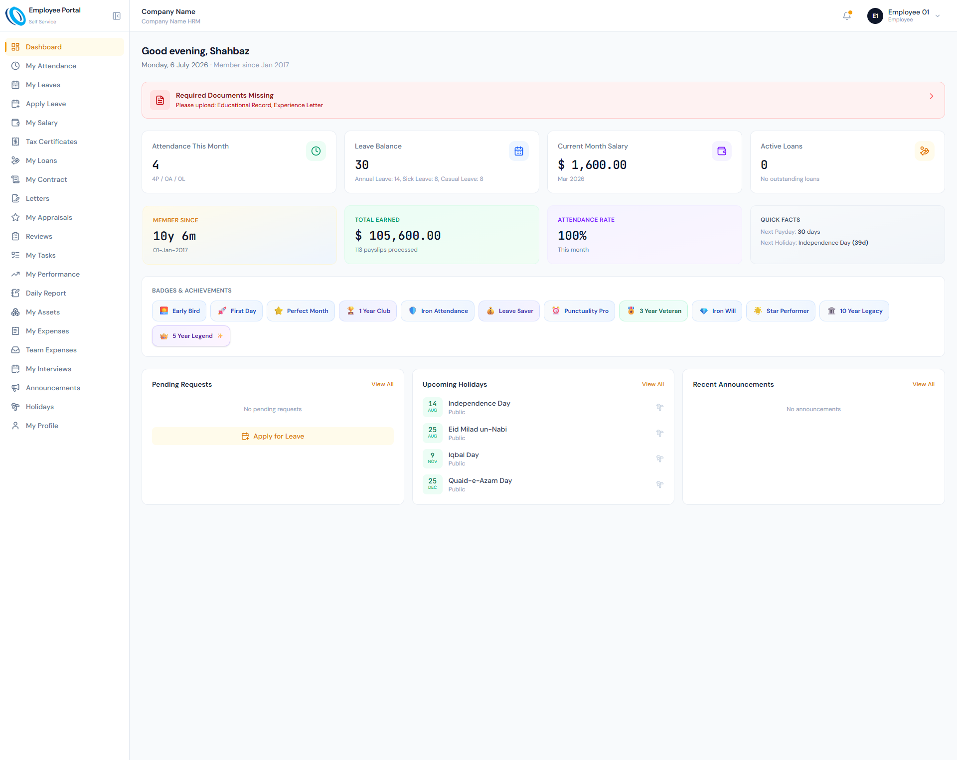 Badges and rewards page showing earned badges, locked badges, rarity tiers and employee recognition history.