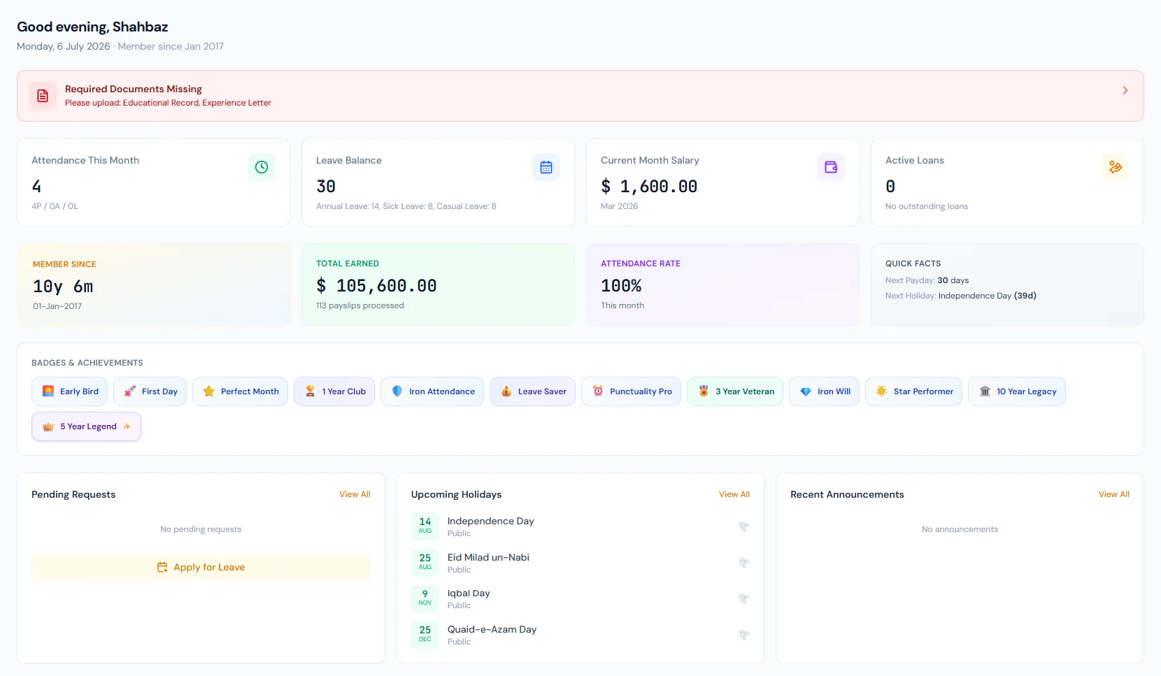 Badges and rewards page showing earned badges, locked badges, rarity tiers and employee recognition history.