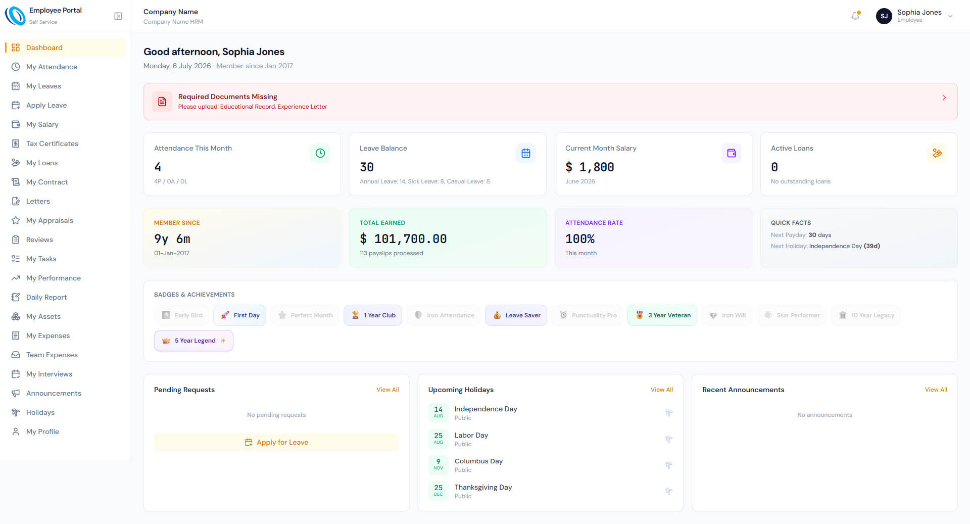 Employee Portal page showing the employee self-service dashboard and personal HR actions.