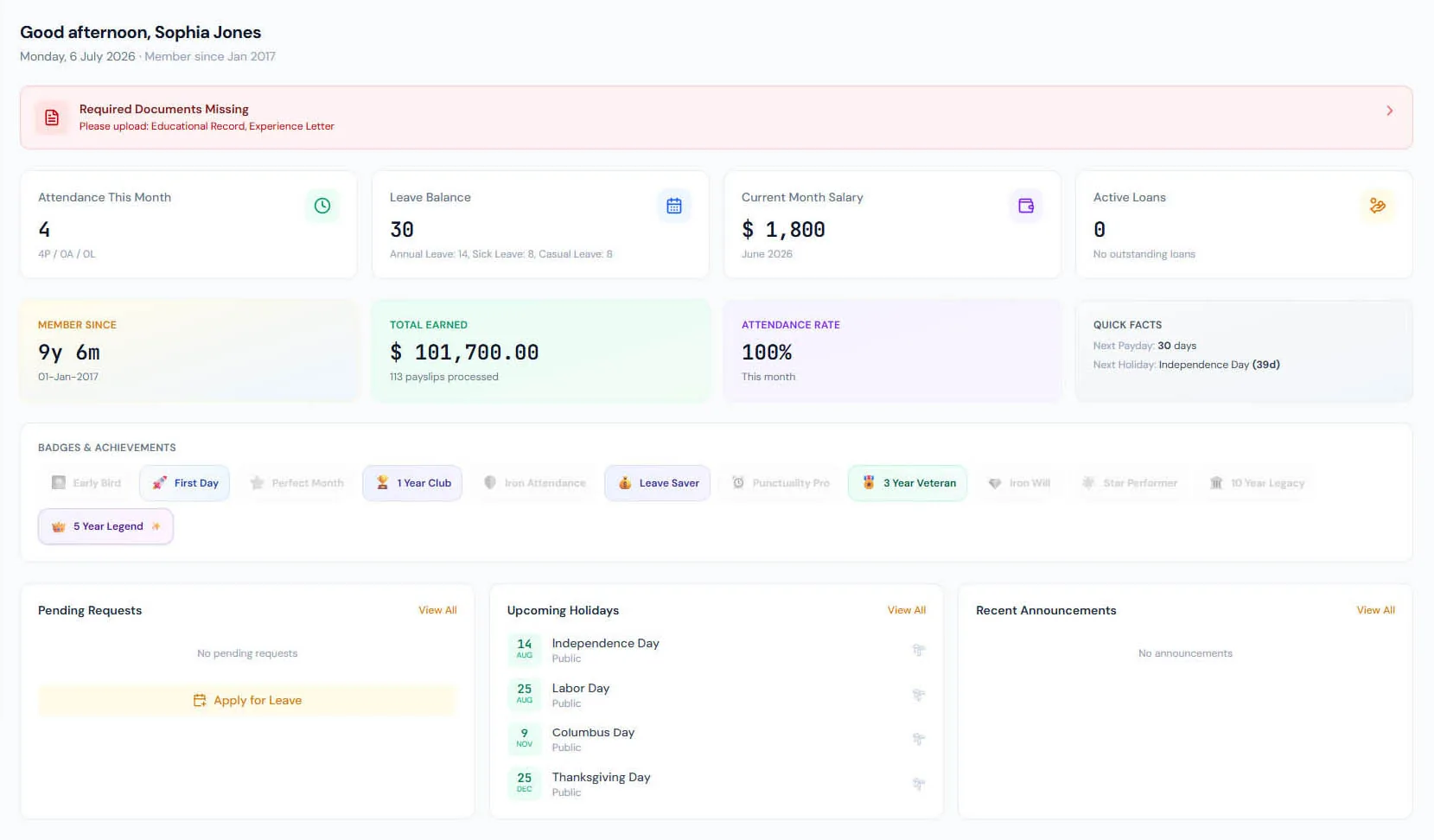 Employee Portal page showing the employee self-service dashboard and personal HR actions.