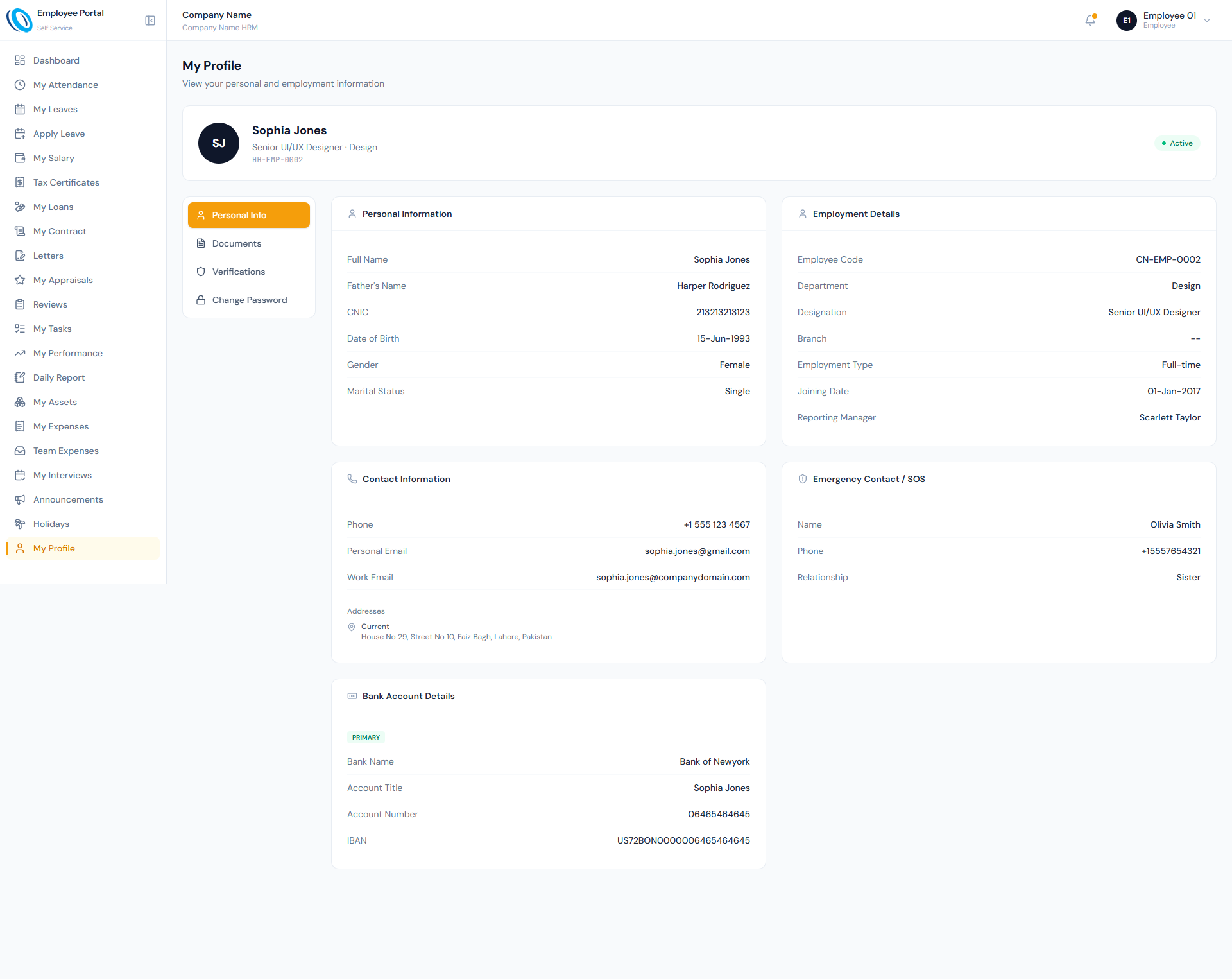 Profile View page showing employee personal information, employment details and verification status in the portal.