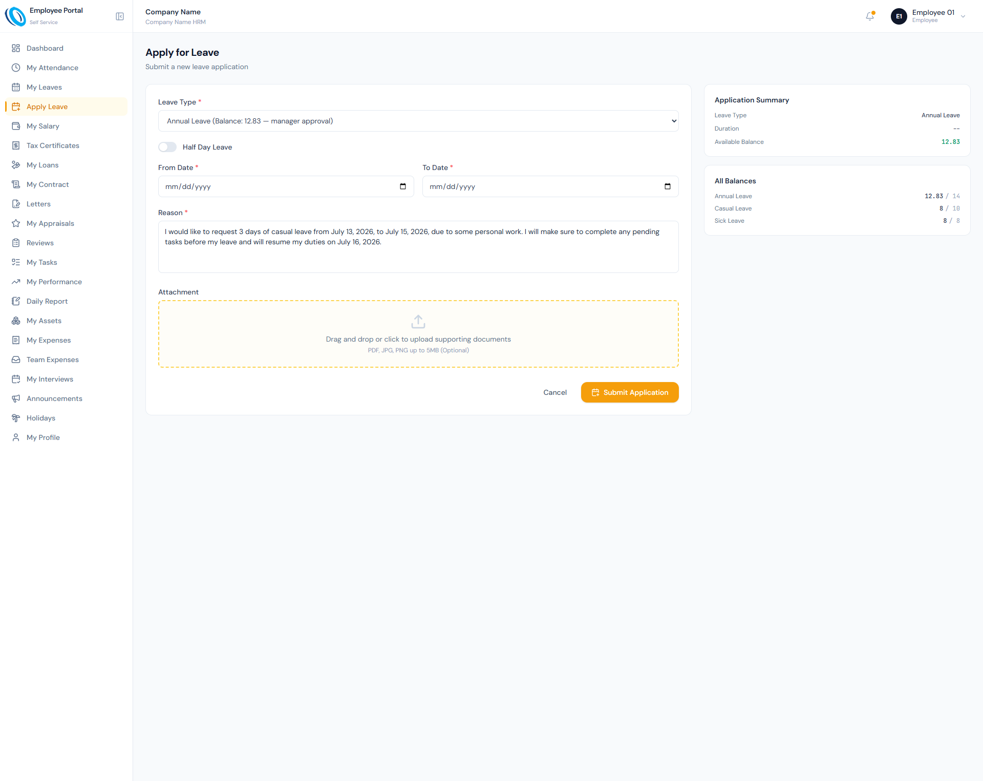 Leave Requests page showing employee leave balances, application controls and request history.