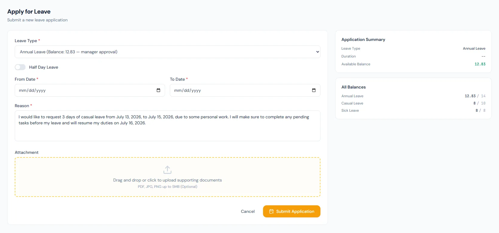 Leave Requests page showing employee leave balances, application controls and request history.