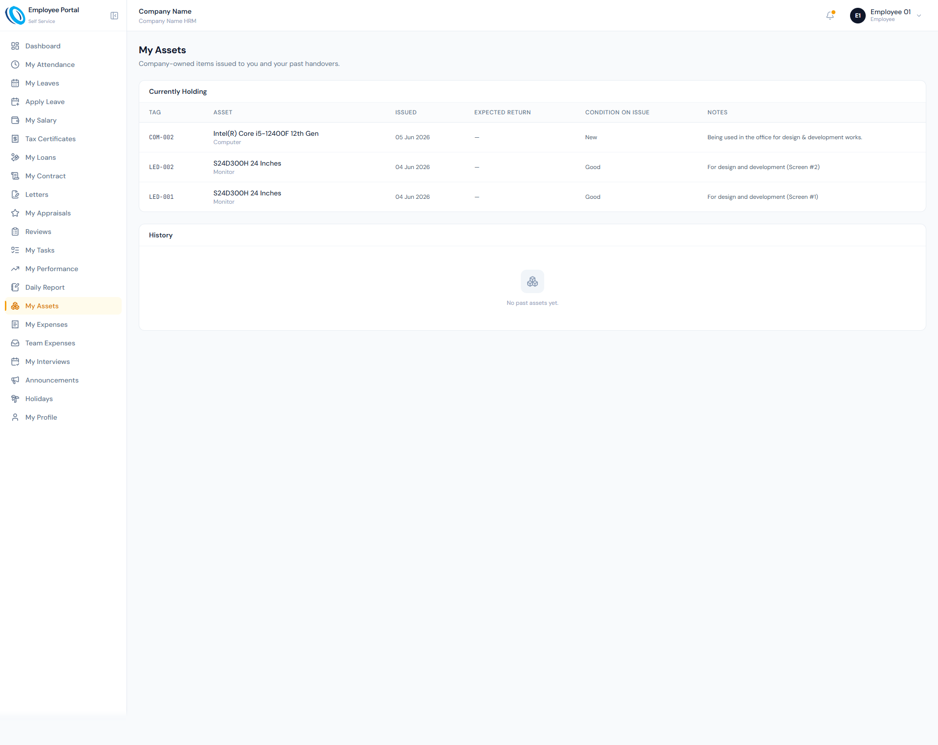 My Assets page showing employee assigned company assets, asset details and assignment history.
